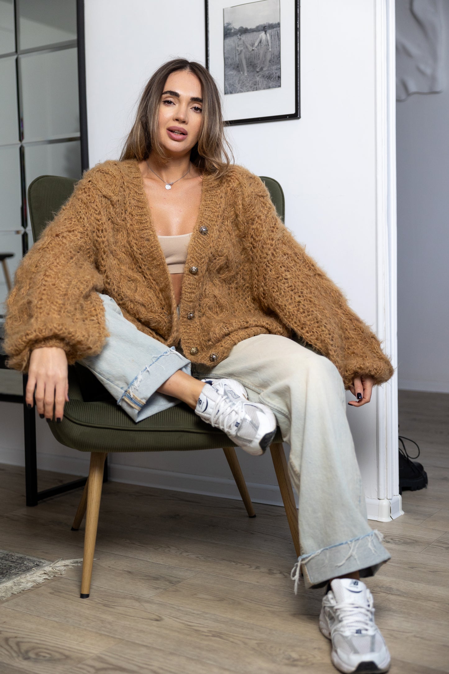 Handmade Mohair Oversize Bomber Cardigan – Beige Camel Puff Sleeve Jacket