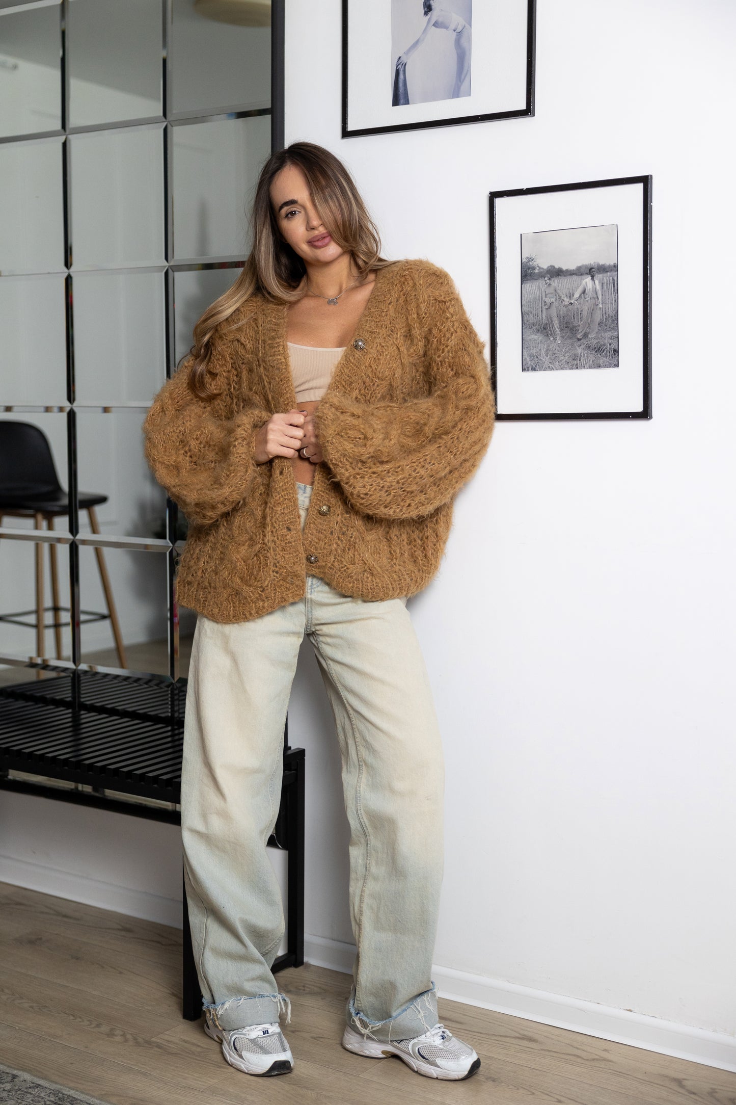 Handmade Mohair Oversize Bomber Cardigan – Beige Camel Puff Sleeve Jacket