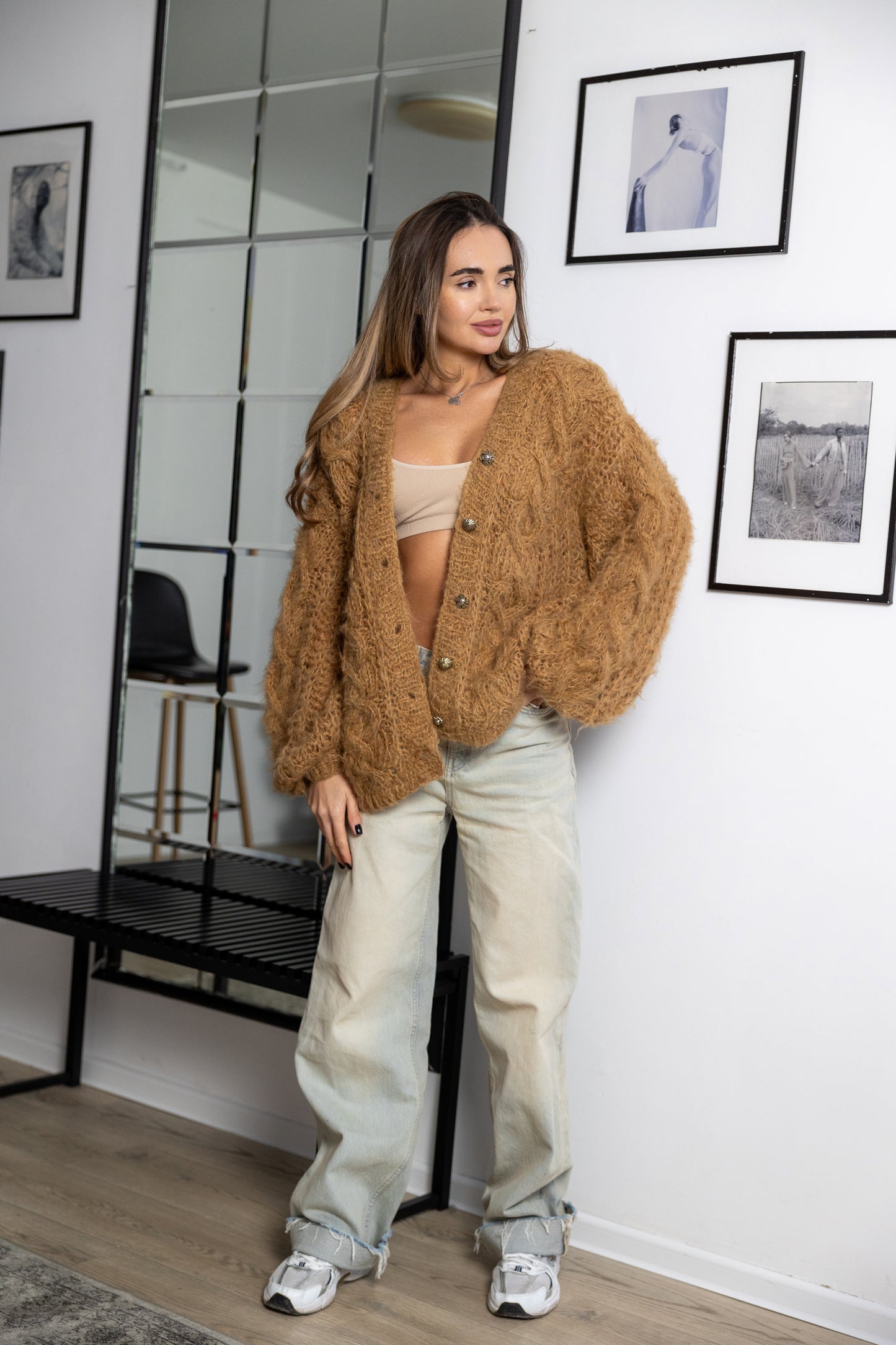 Handmade Mohair Oversize Bomber Cardigan – Beige Camel Puff Sleeve Jacket