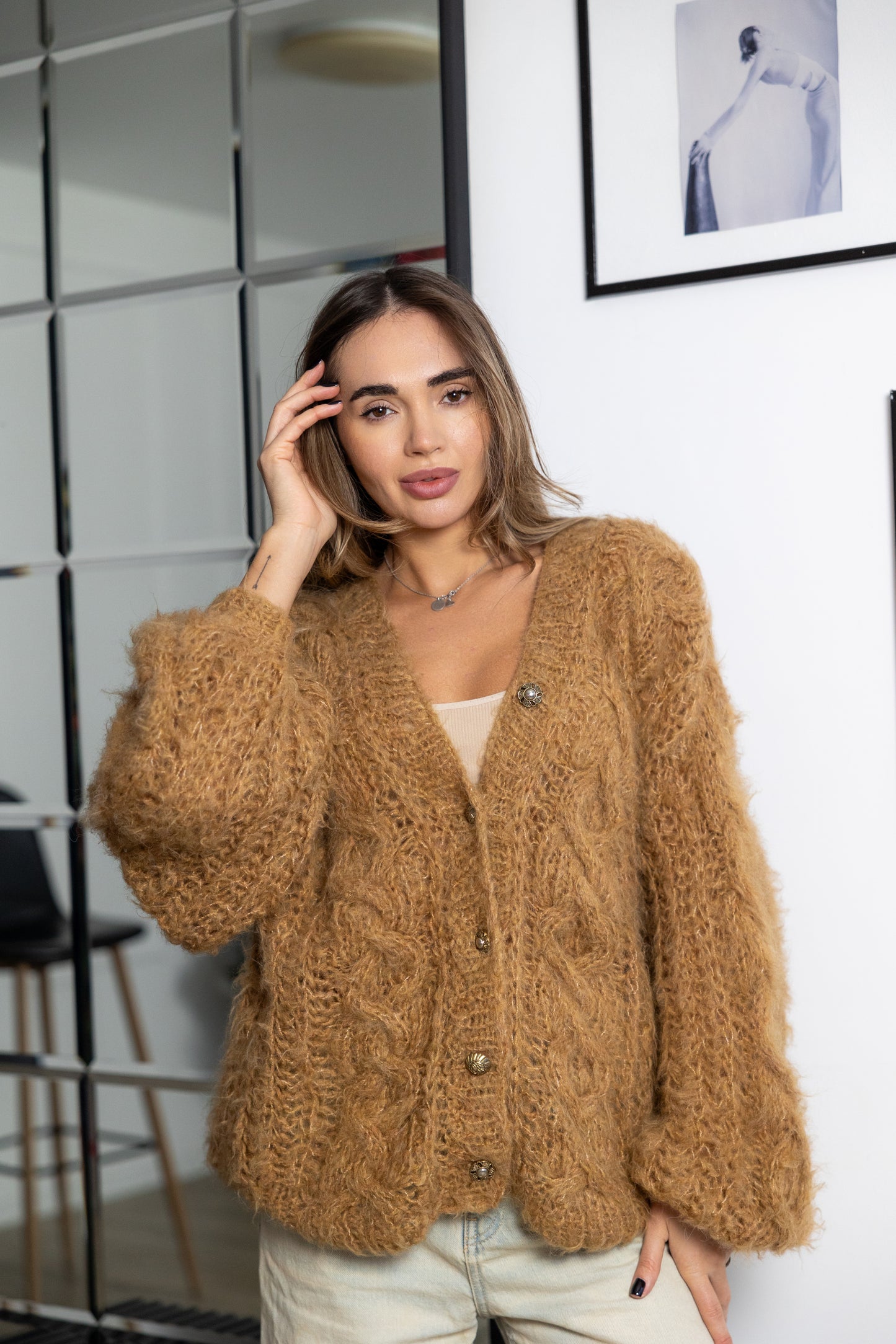 Handmade Mohair Oversize Bomber Cardigan – Beige Camel Puff Sleeve Jacket