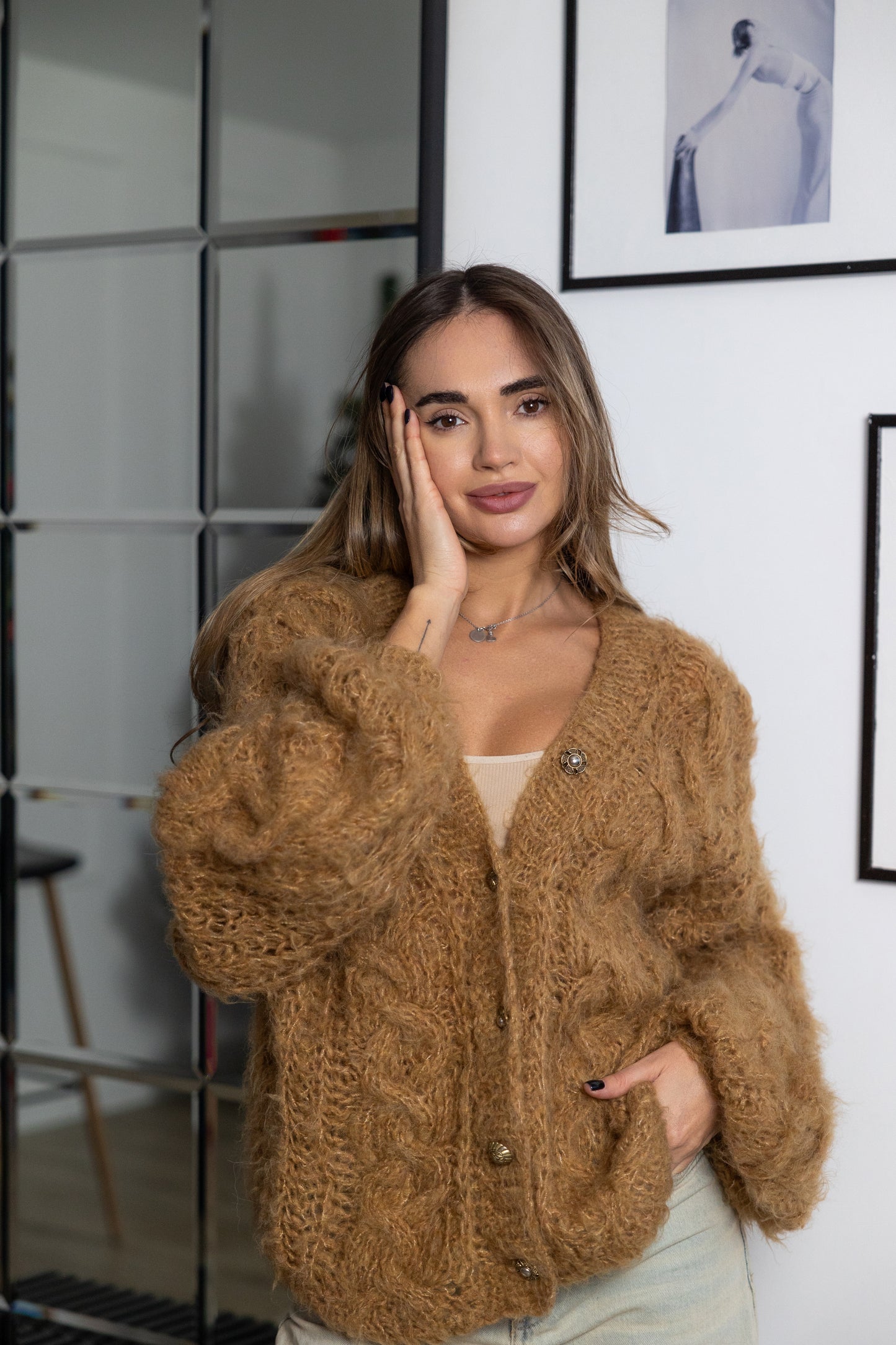 Handmade Mohair Oversize Bomber Cardigan – Beige Camel Puff Sleeve Jacket