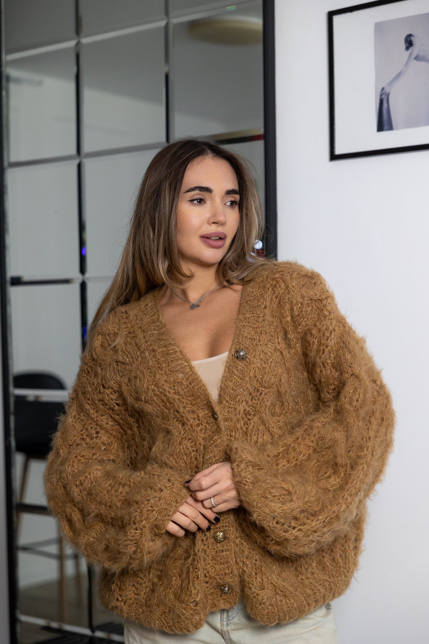 Handmade Mohair Oversize Bomber Cardigan – Beige Camel Puff Sleeve Jacket