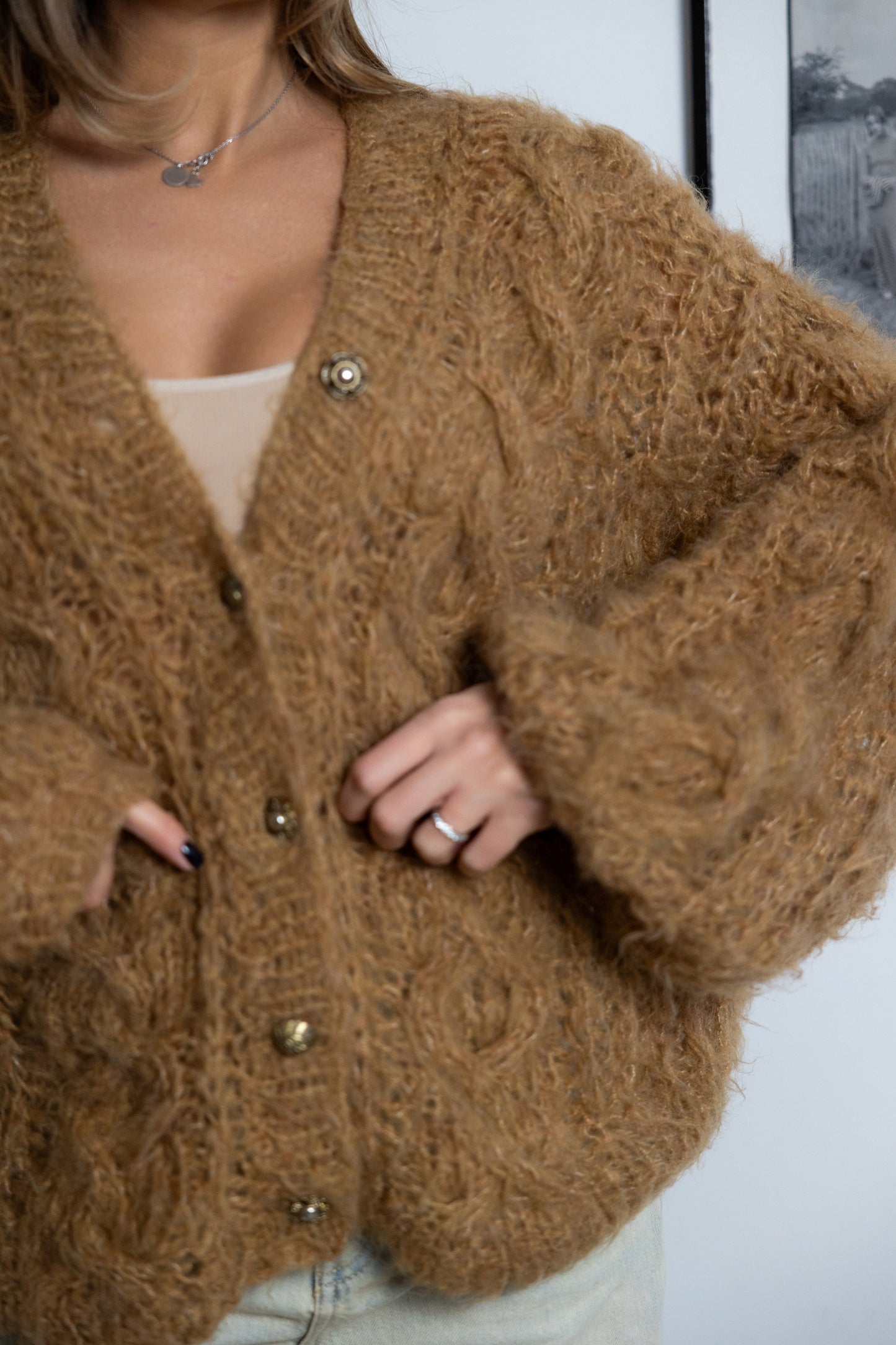 Handmade Mohair Oversize Bomber Cardigan – Beige Camel Puff Sleeve Jacket