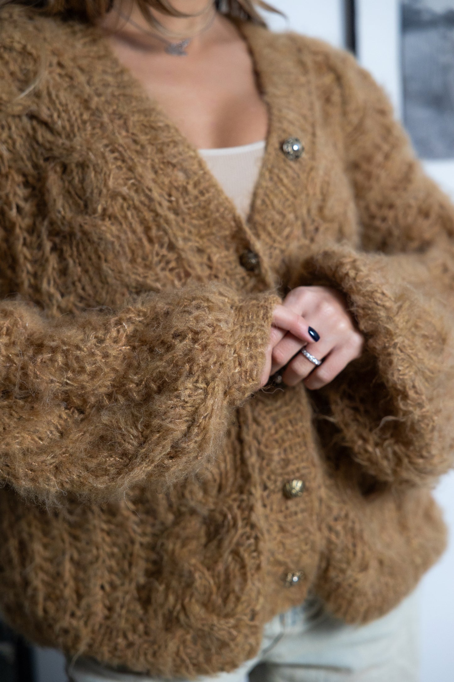Handmade Mohair Oversize Bomber Cardigan – Beige Camel Puff Sleeve Jacket