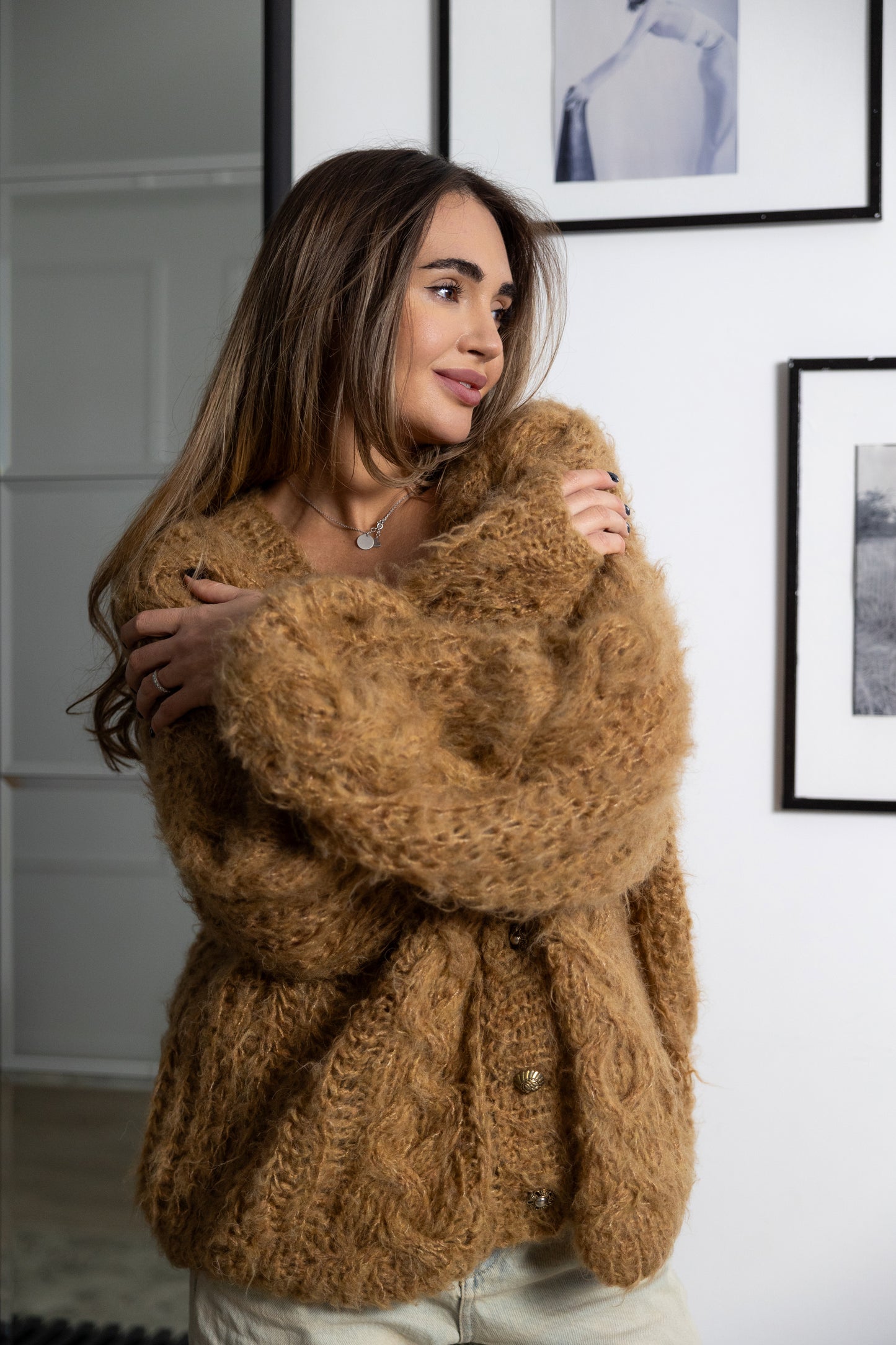 Handmade Mohair Oversize Bomber Cardigan – Beige Camel Puff Sleeve Jacket