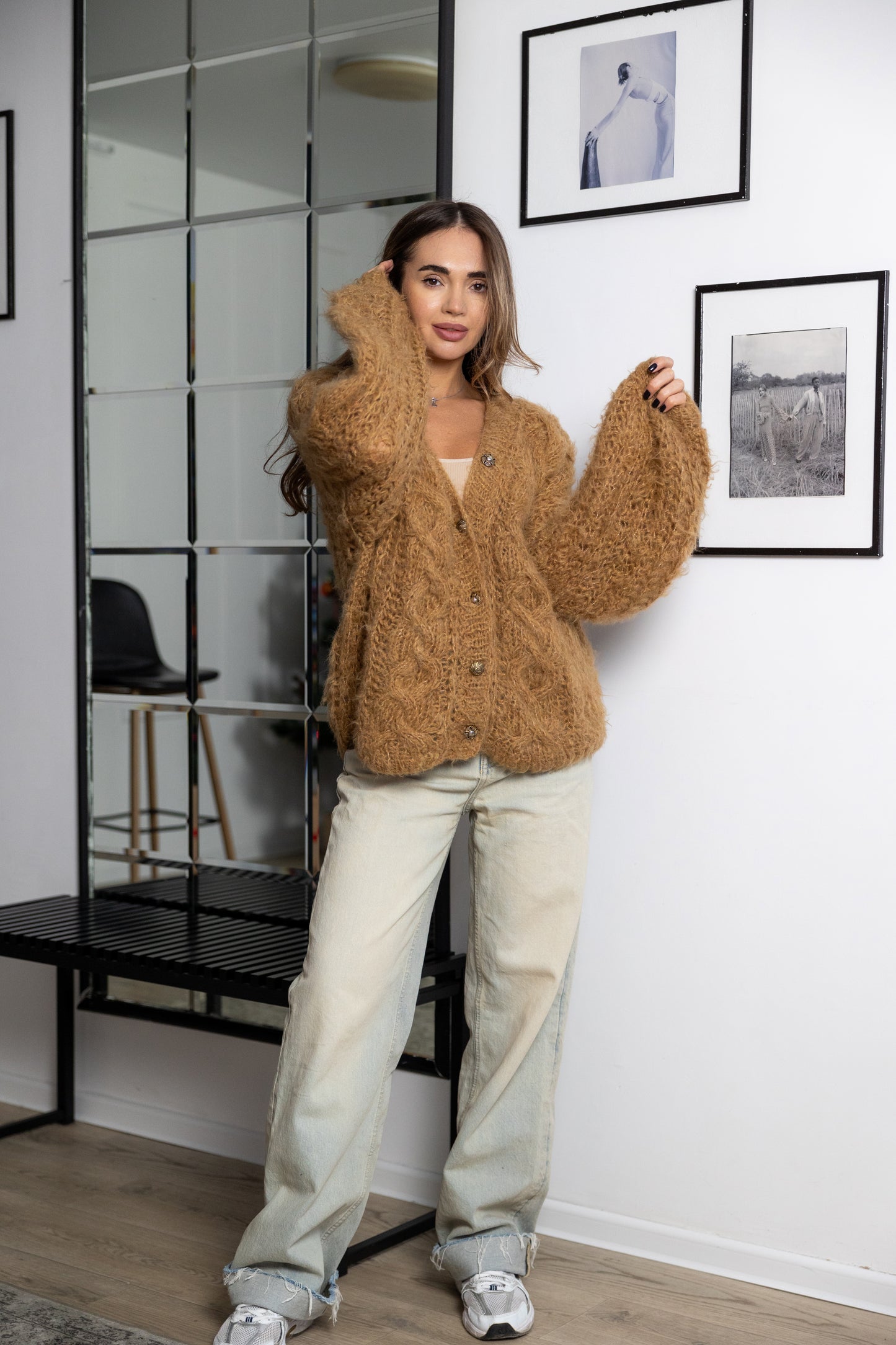 Handmade Mohair Oversize Bomber Cardigan – Beige Camel Puff Sleeve Jacket