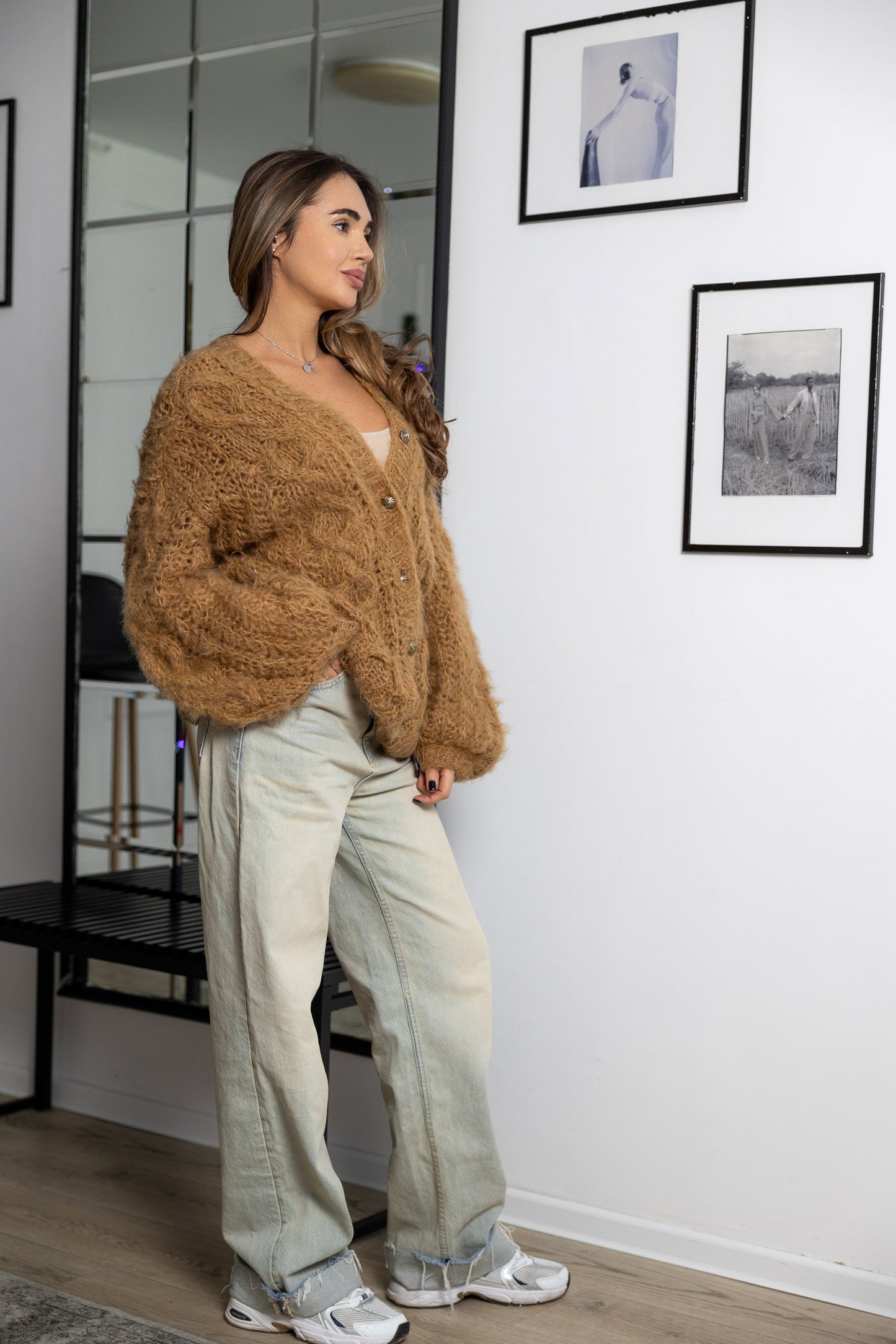 Handmade Mohair Oversize Bomber Cardigan – Beige Camel Puff Sleeve Jacket