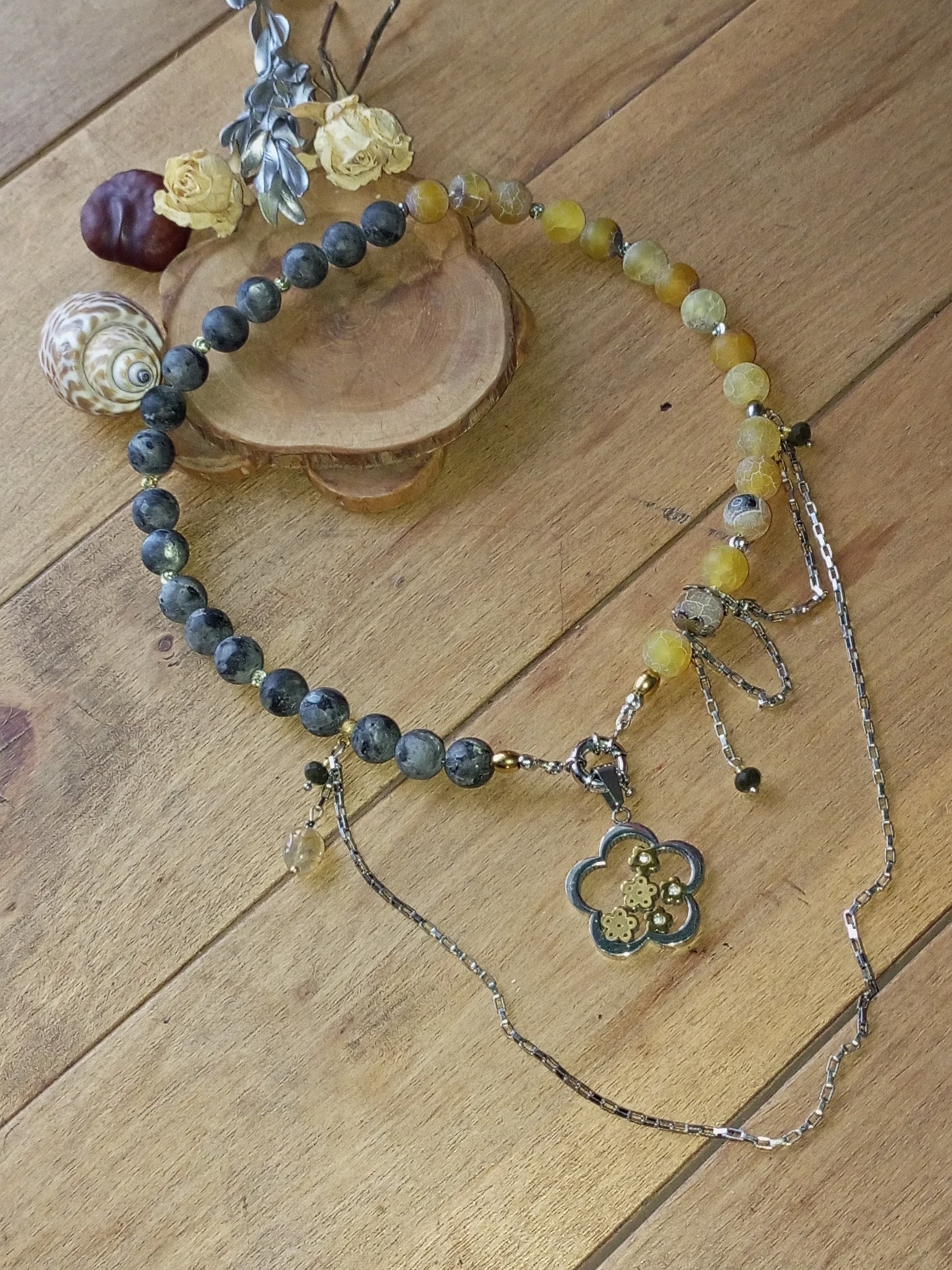 Labradorite flower agate necklace close-up bead detail