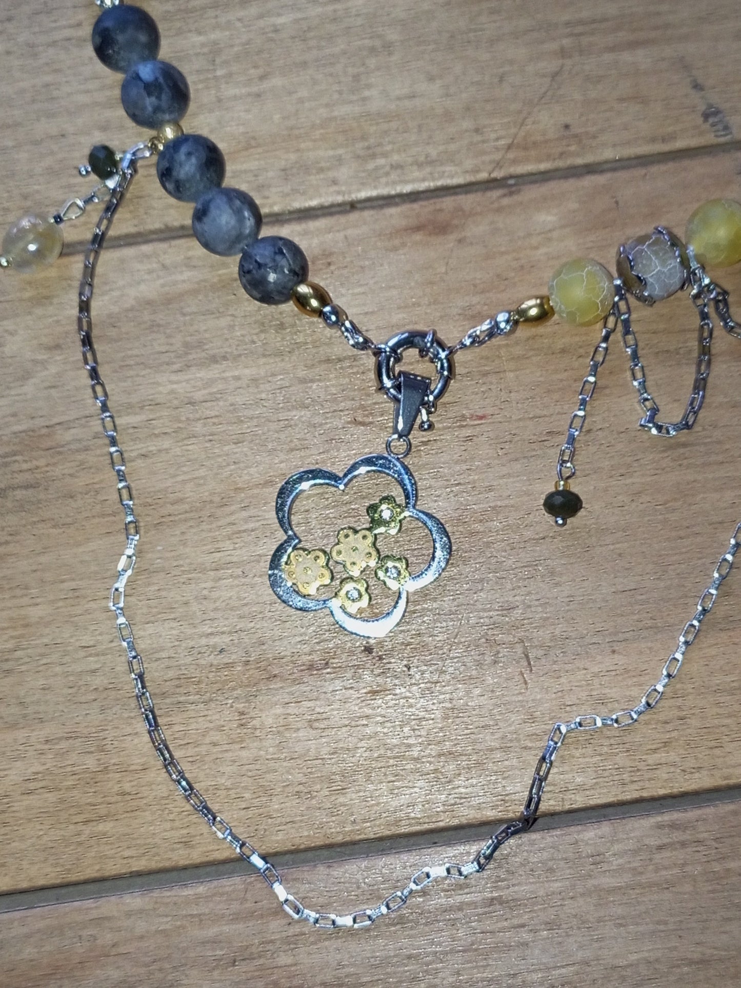 Removable stainless steel flower charm on labradorite necklace