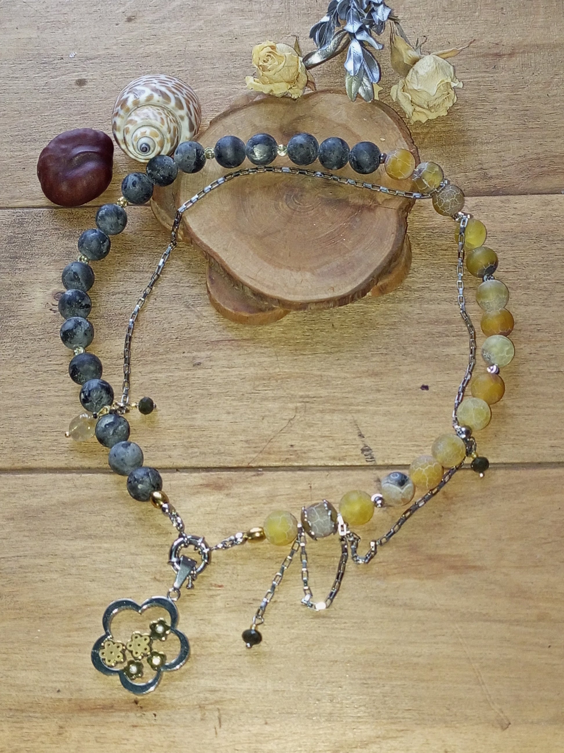 Handmade gemstone necklace frozy style grey yellow beads