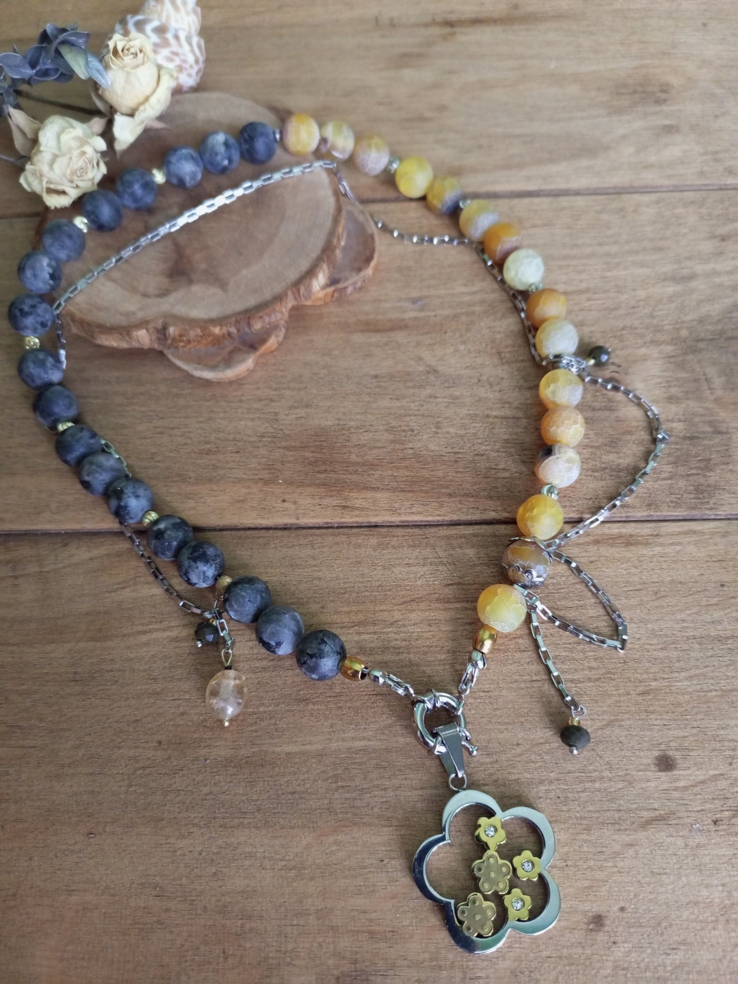 Handmade labradorite and flower agate necklace close-up beads detail