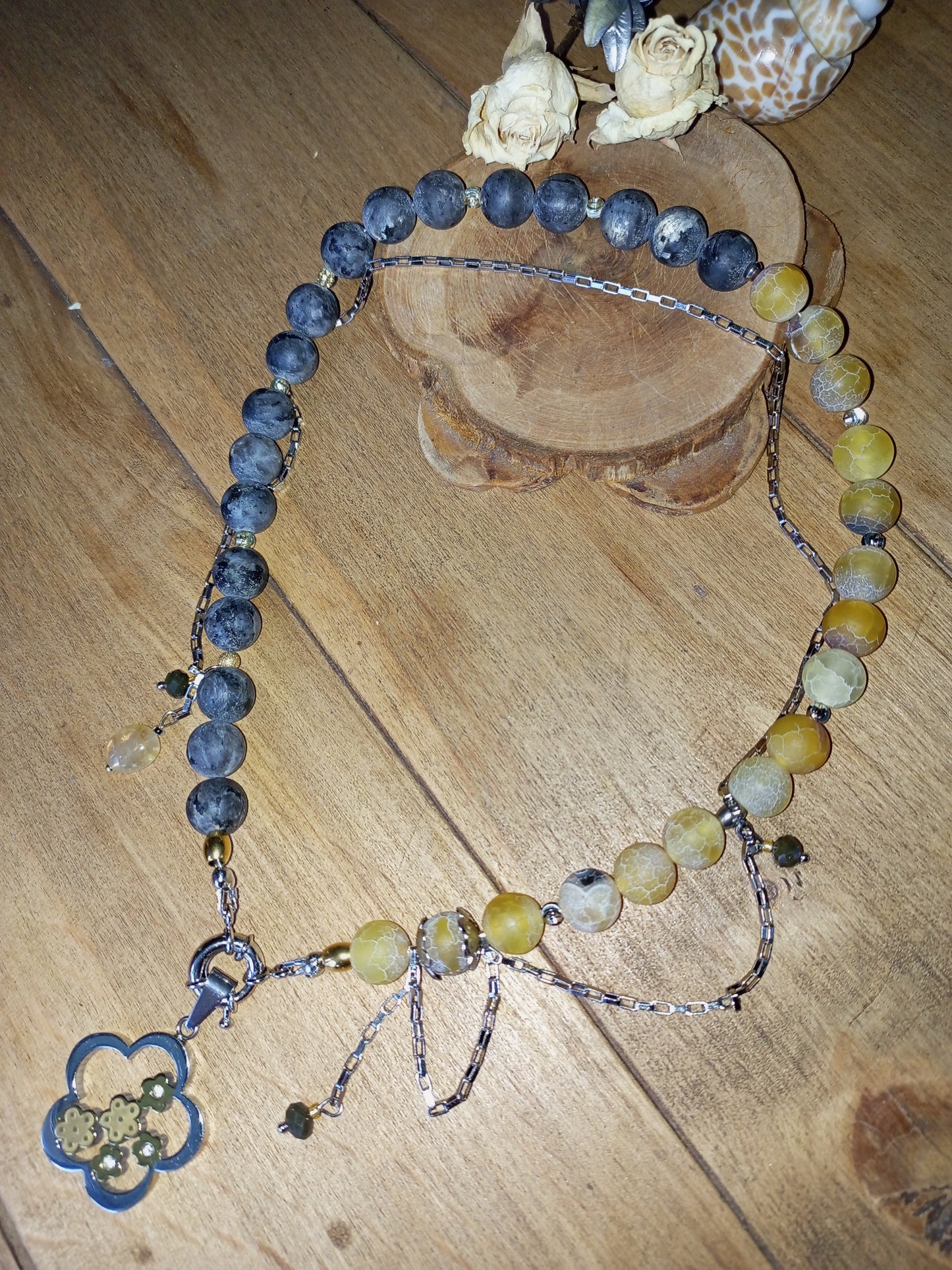 Grey yellow gemstone choker necklace stainless steel chain jewelry