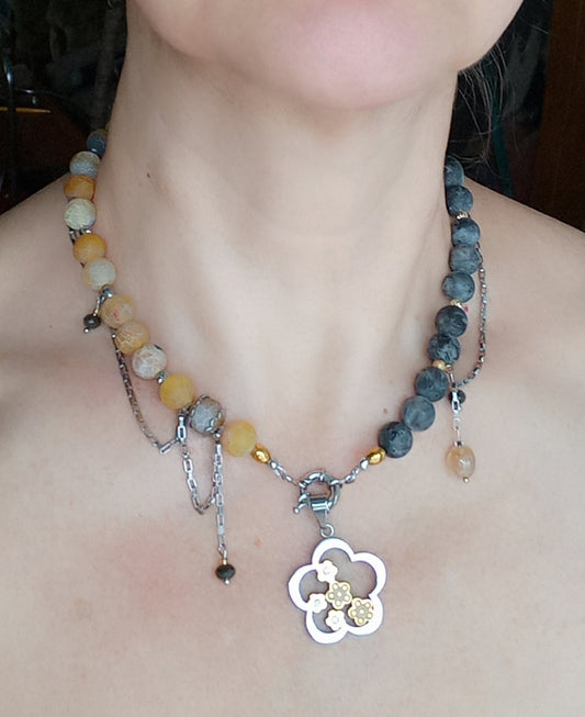 Grey and yellow labradorite agate beads necklace stainless steel chain