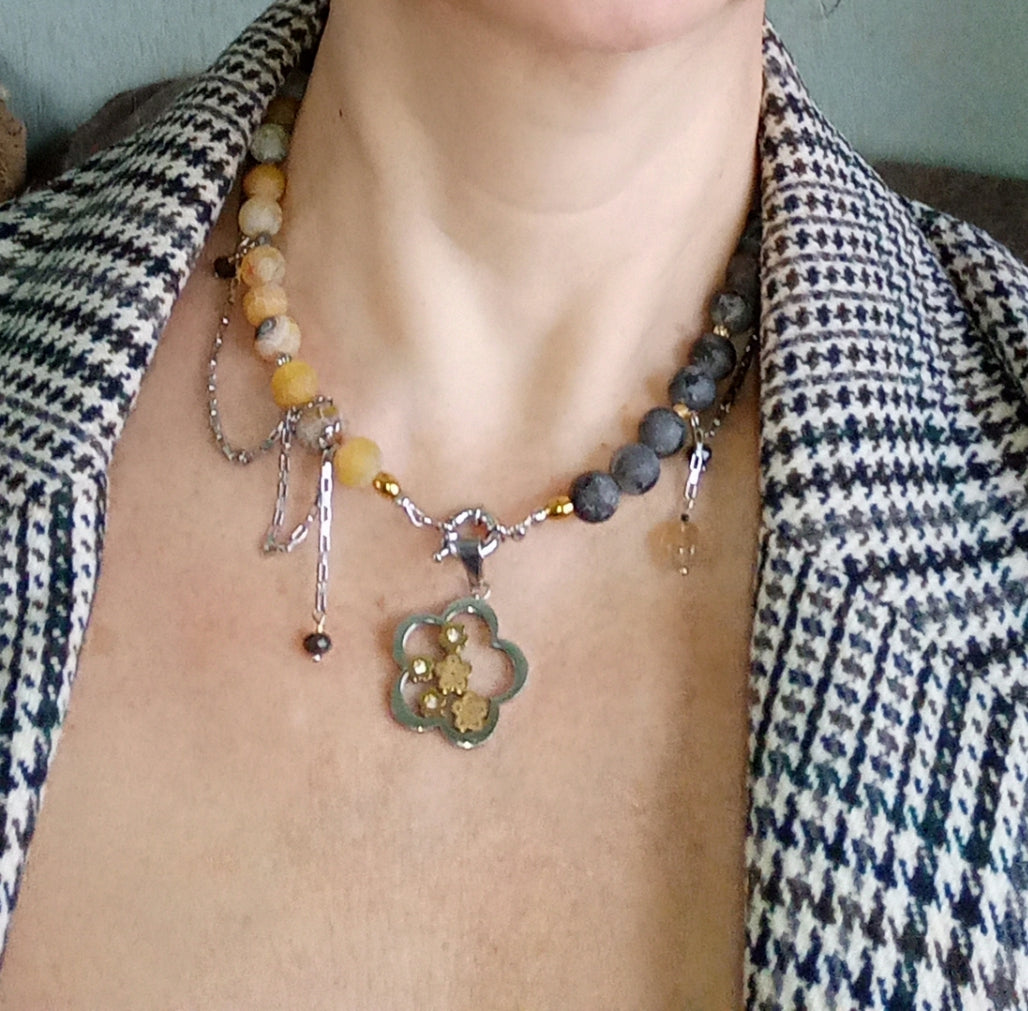 Semiprecious gemstone choker pendant necklace with stainless steel chain