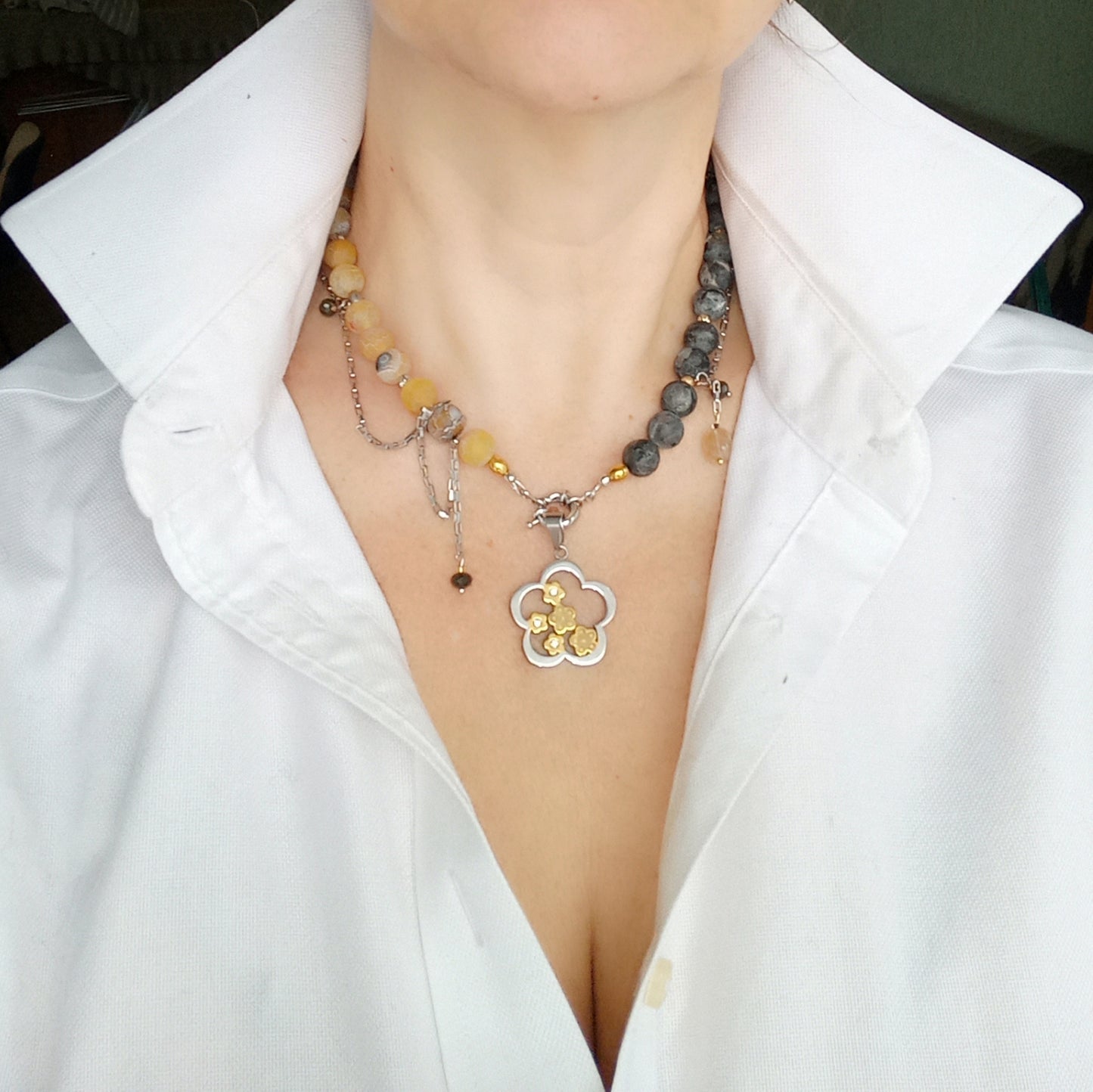 Layerable labradorite flower agate necklace versatile jewelry