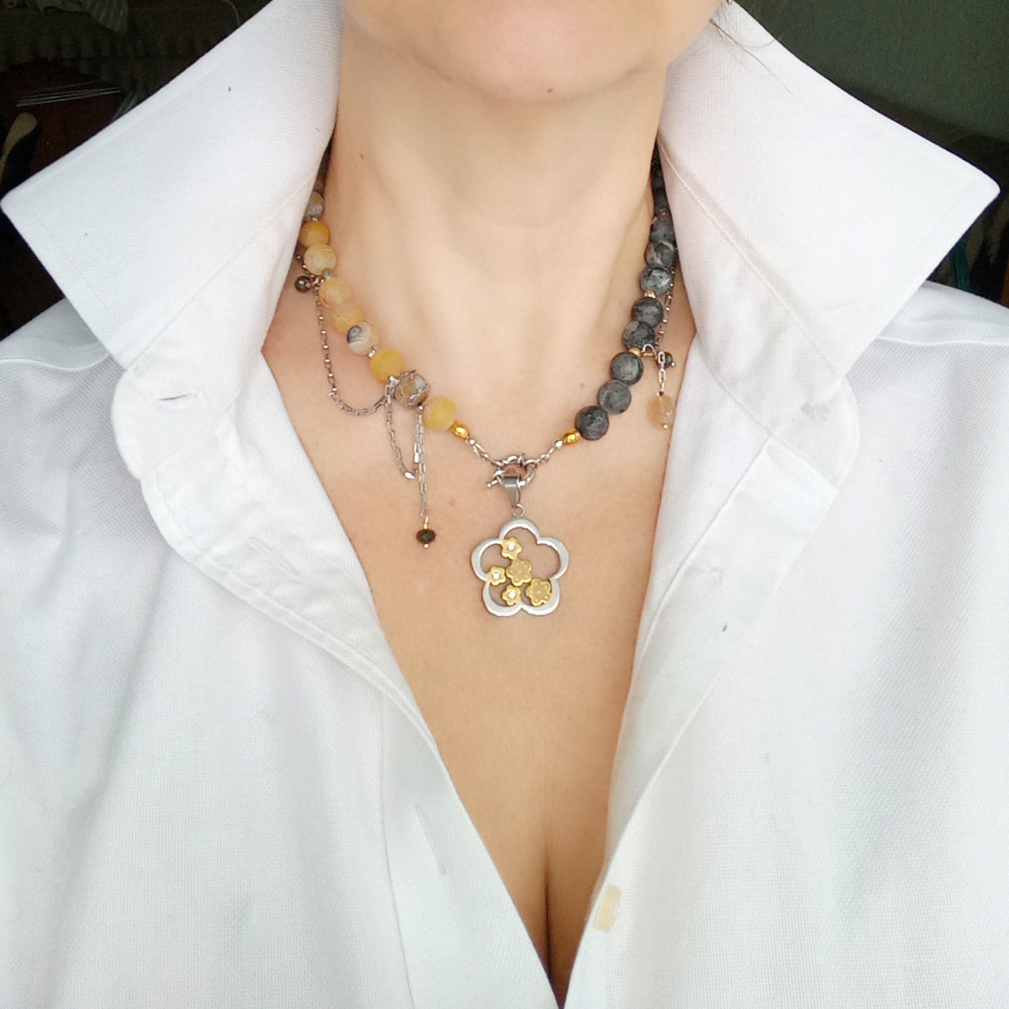 Layerable labradorite flower agate necklace versatile jewelry