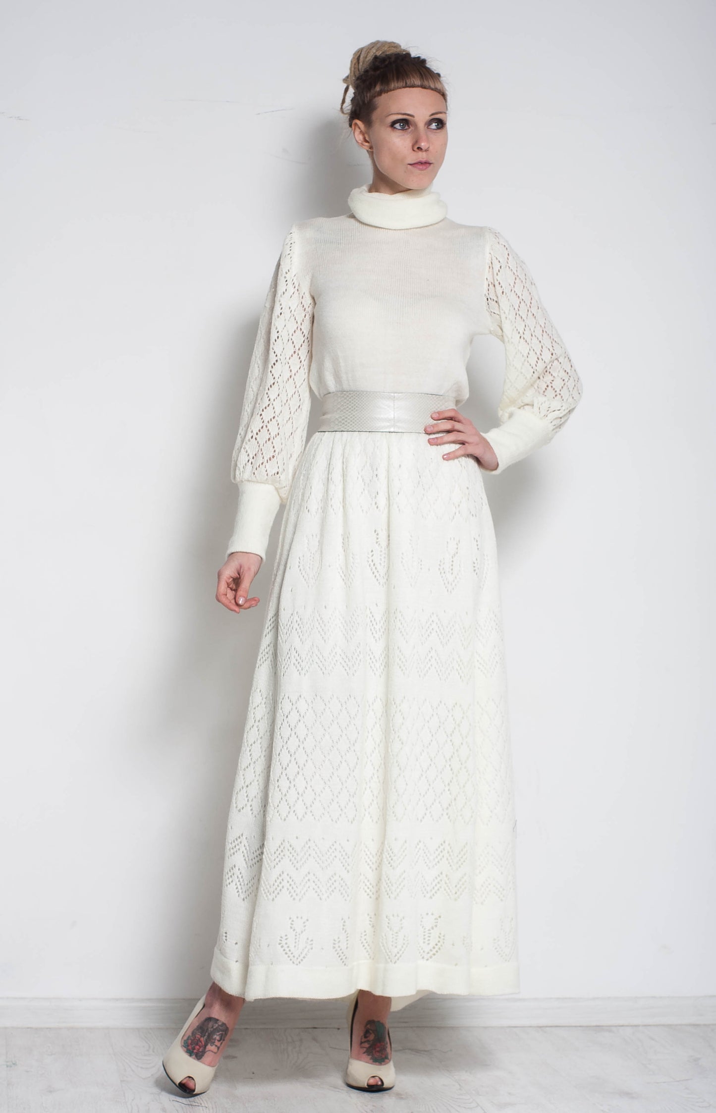 White Mohair Crochet Maxi Dress – Turtleneck Long Sleeve Lace Dress, Elegant Evening & Bridesmaid Dress