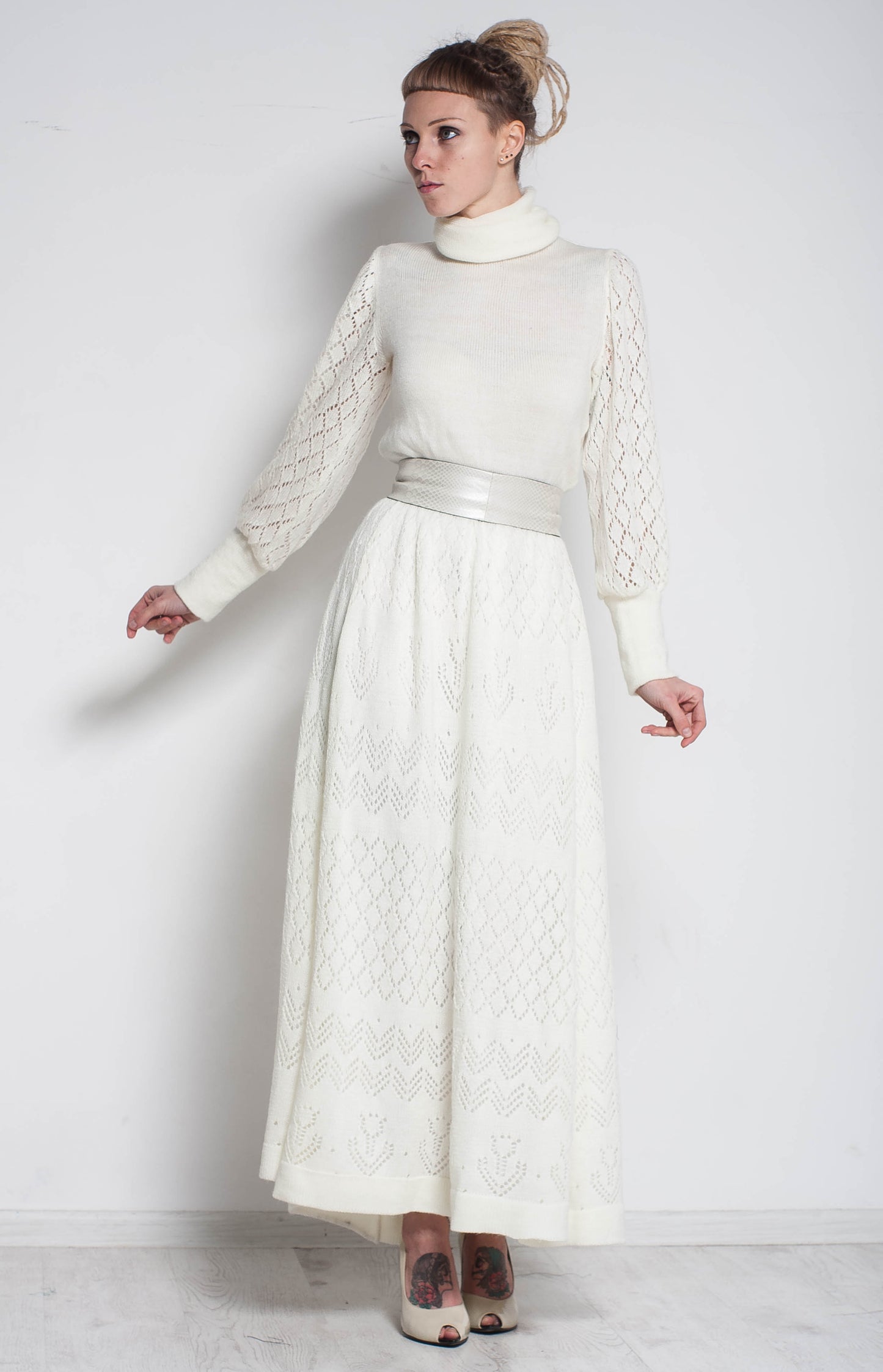 White Mohair Crochet Maxi Dress – Turtleneck Long Sleeve Lace Dress, Elegant Evening & Bridesmaid Dress