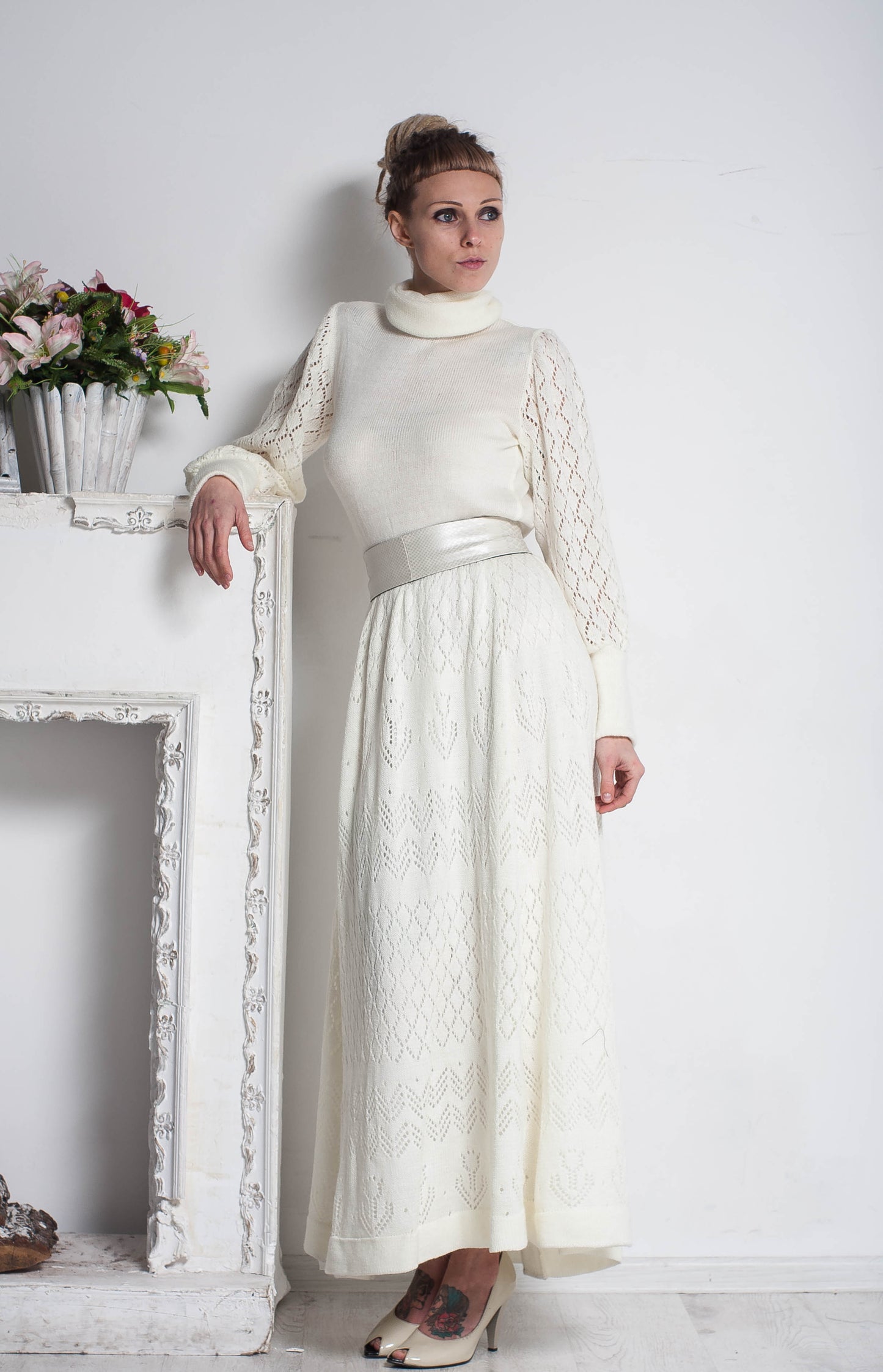 White Mohair Crochet Maxi Dress – Turtleneck Long Sleeve Lace Dress, Elegant Evening & Bridesmaid Dress
