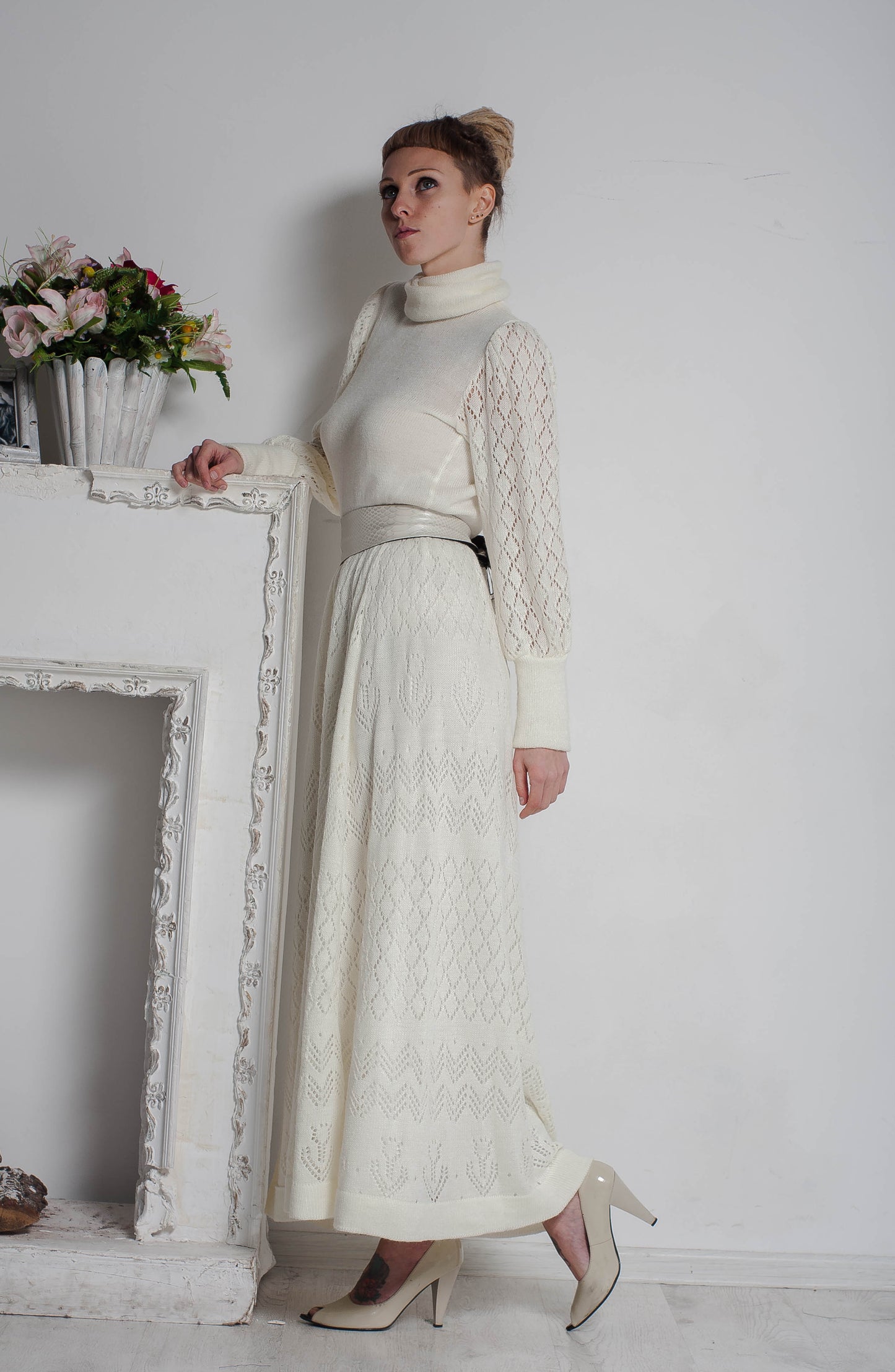White Mohair Crochet Maxi Dress – Turtleneck Long Sleeve Lace Dress, Elegant Evening & Bridesmaid Dress
