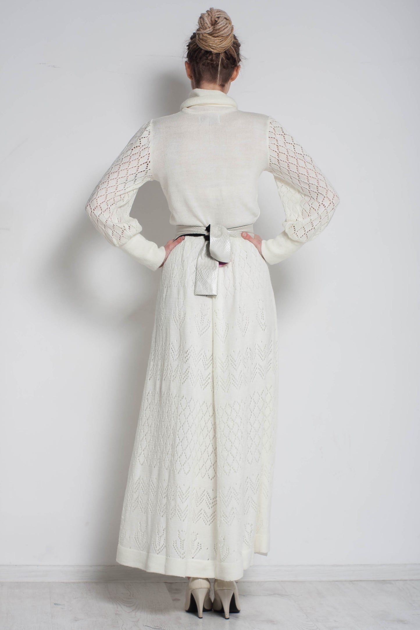 White Mohair Crochet Maxi Dress – Turtleneck Long Sleeve Lace Dress, Elegant Evening & Bridesmaid Dress