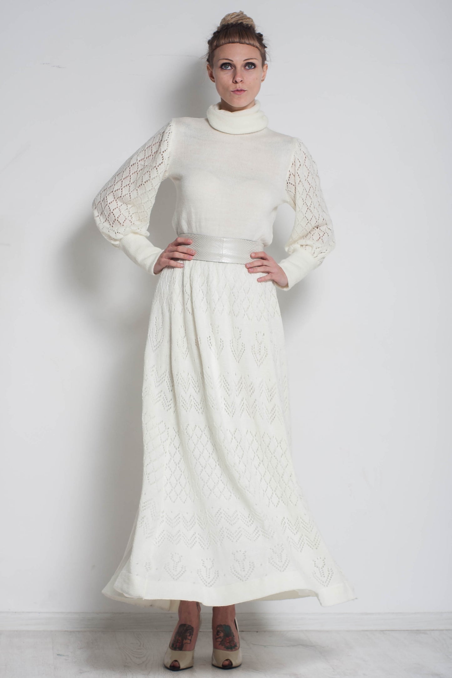 White Mohair Crochet Maxi Dress – Turtleneck Long Sleeve Lace Dress, Elegant Evening & Bridesmaid Dress