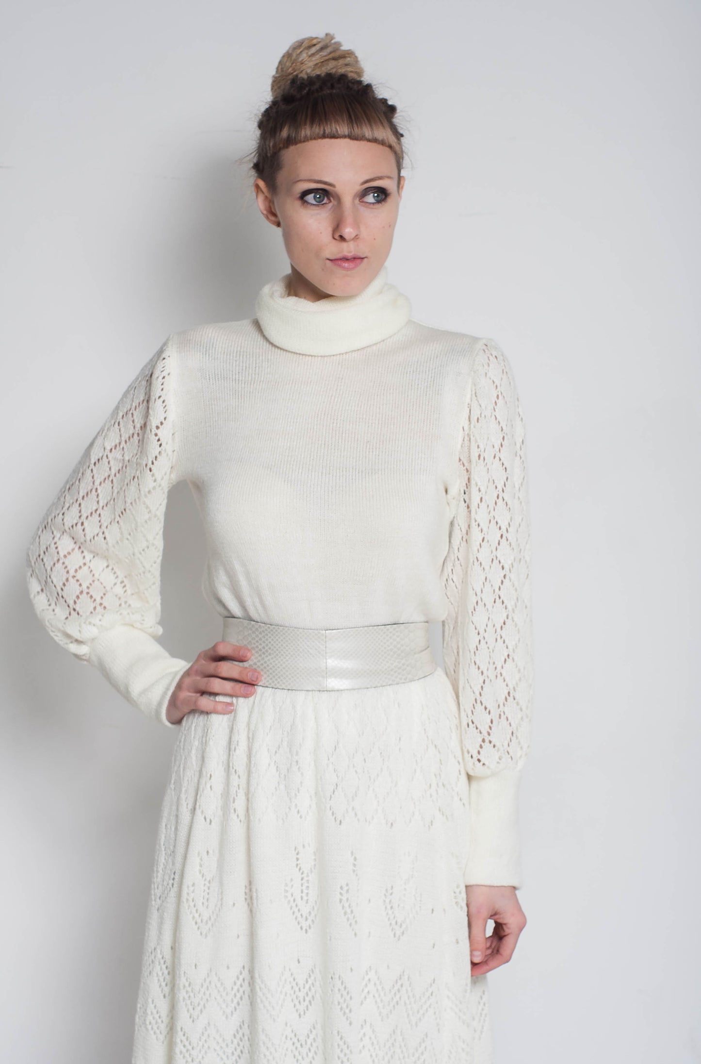 White Mohair Crochet Maxi Dress – Turtleneck Long Sleeve Lace Dress, Elegant Evening & Bridesmaid Dress