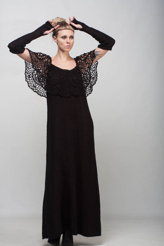 Black Crochet Maxi Dress Off Shoulder – Lace Mohair Evening Dress with Removable Long Sleeves