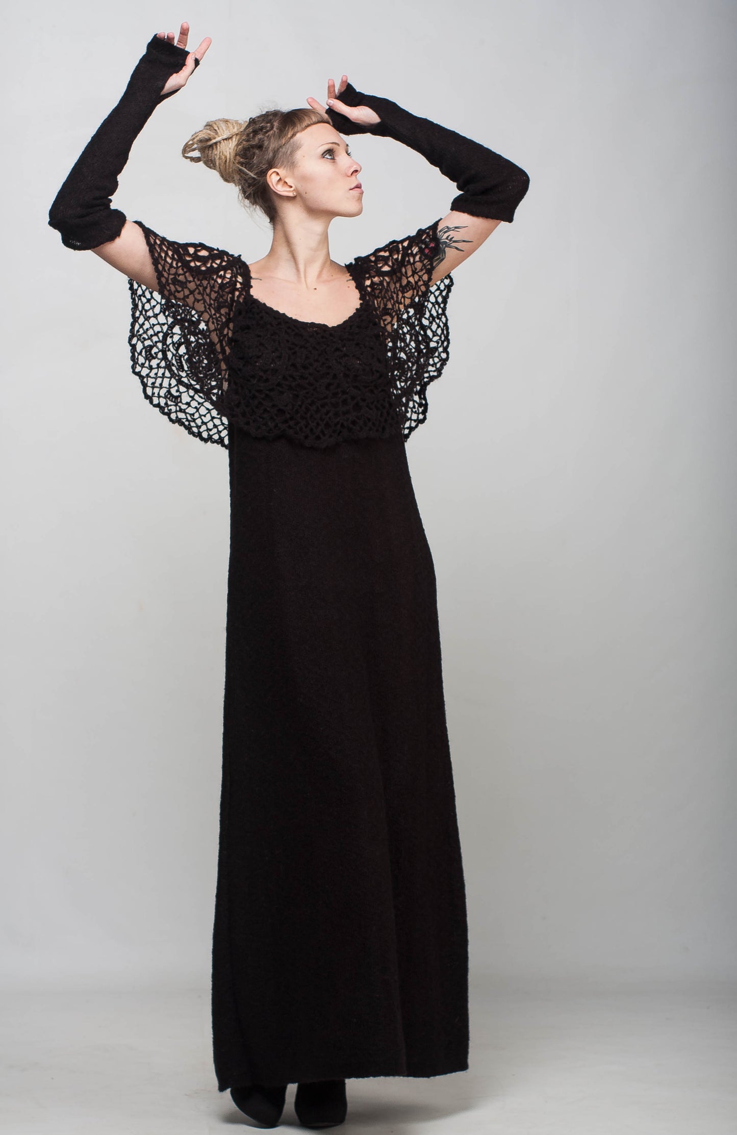 Black Crochet Maxi Dress Off Shoulder – Lace Mohair Evening Dress with Removable Long Sleeves