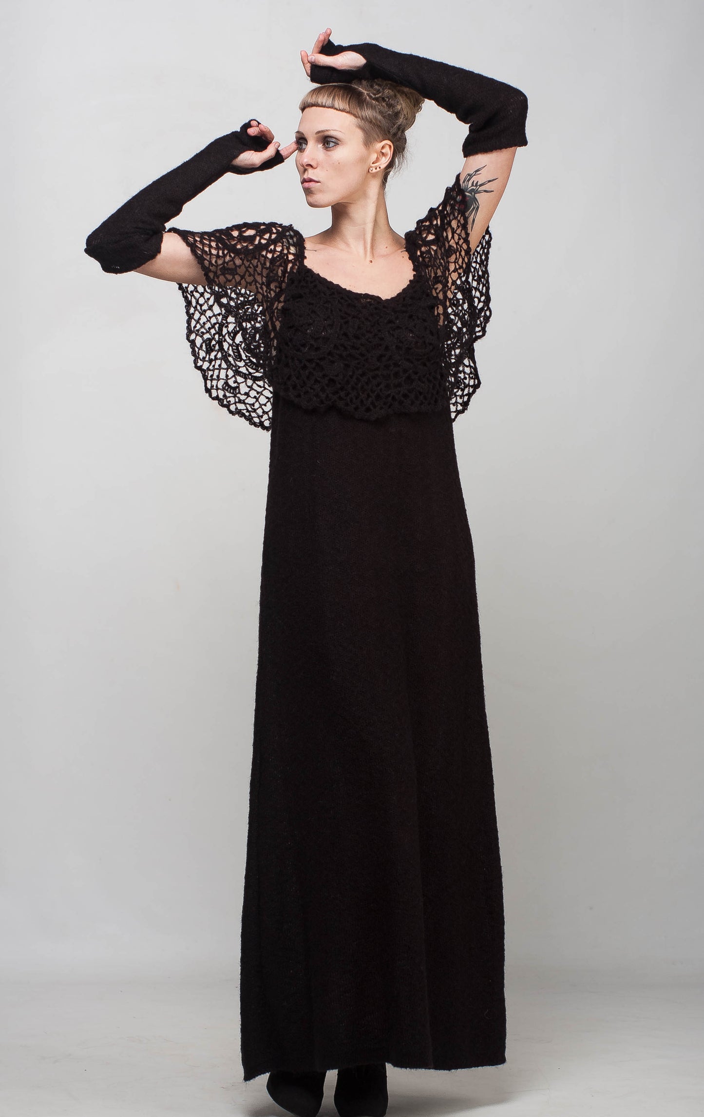 Black Crochet Maxi Dress Off Shoulder – Lace Mohair Evening Dress with Removable Long Sleeves