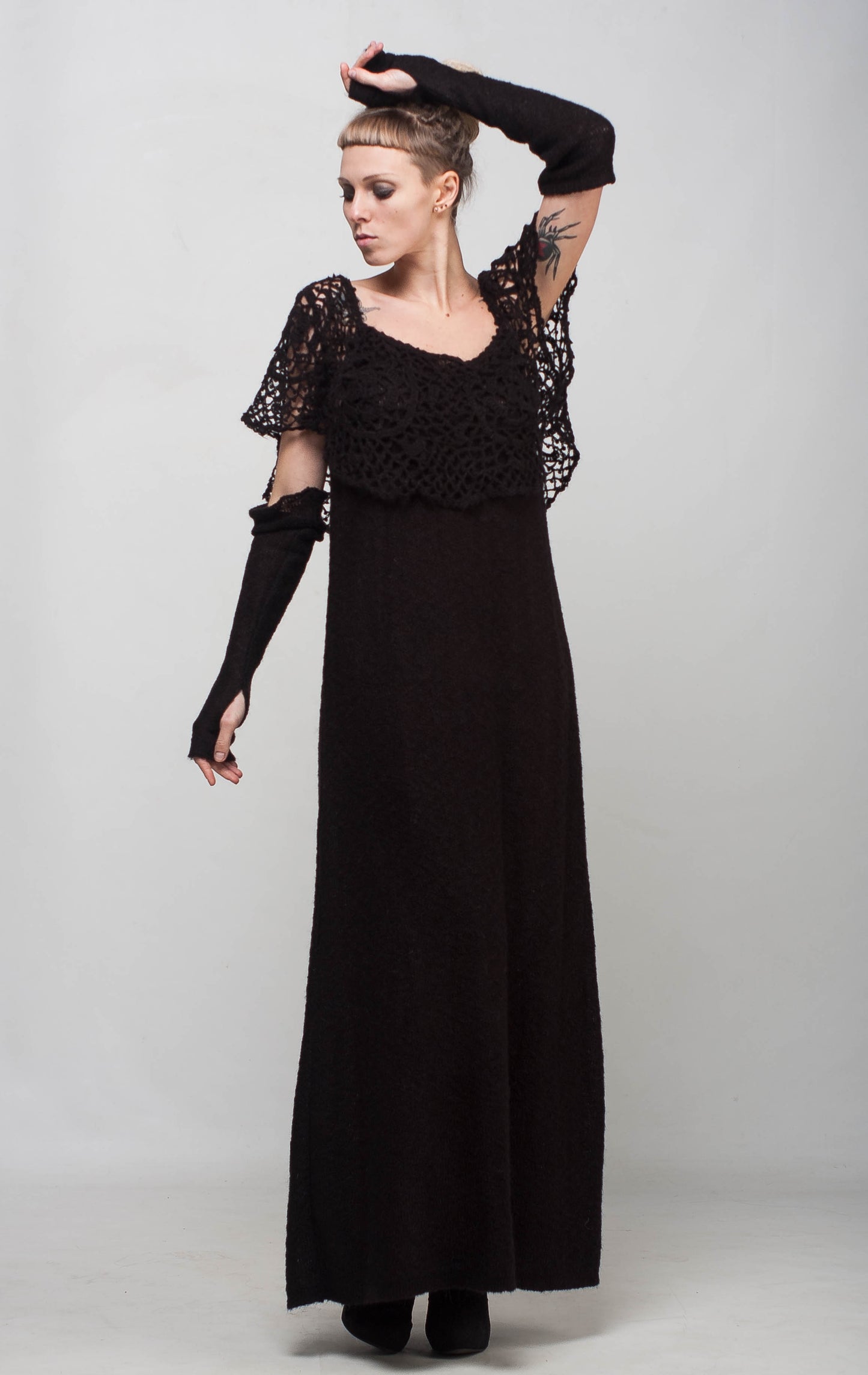 Black Crochet Maxi Dress Off Shoulder – Lace Mohair Evening Dress with Removable Long Sleeves