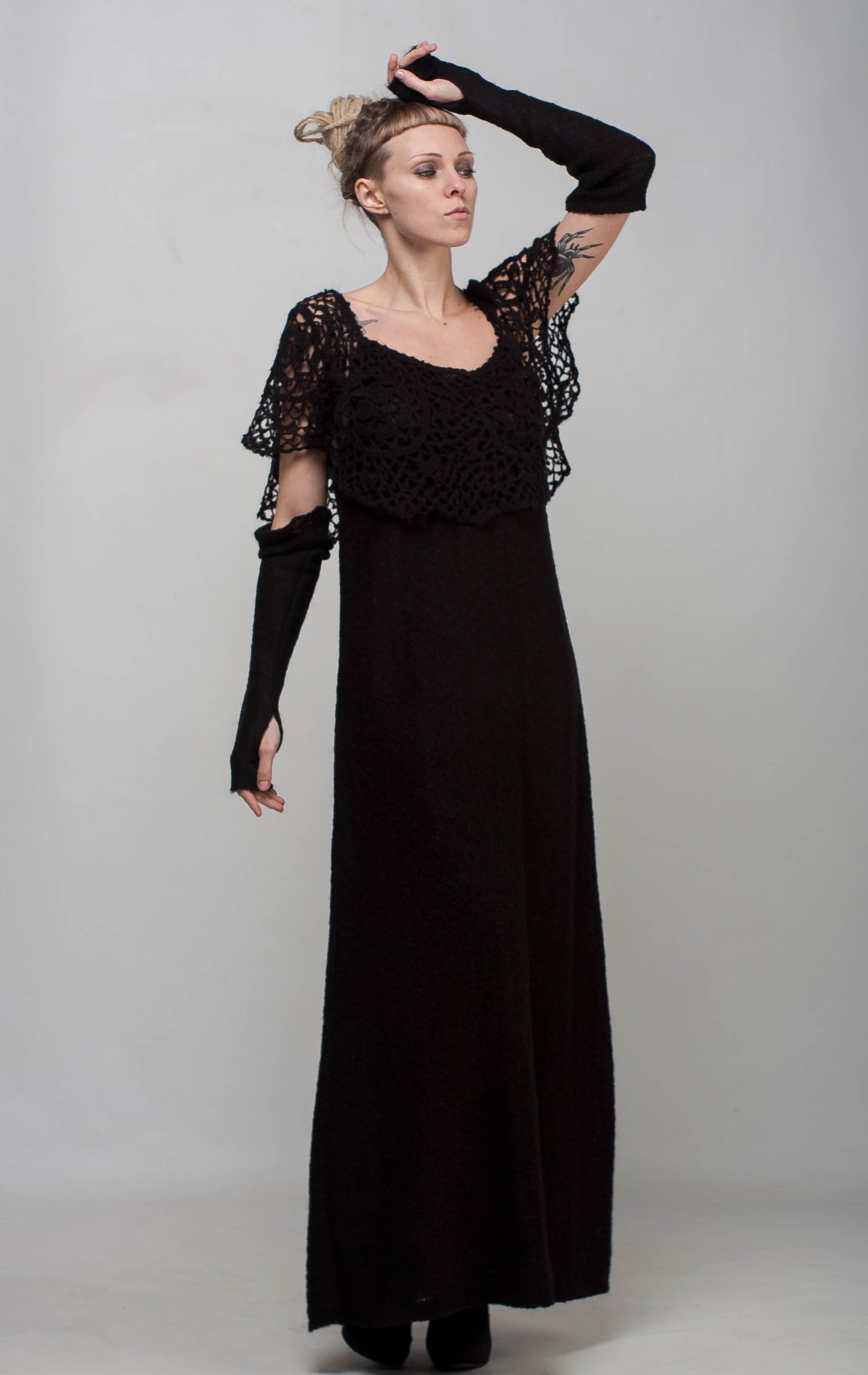 Black Crochet Maxi Dress Off Shoulder – Lace Mohair Evening Dress with Removable Long Sleeves