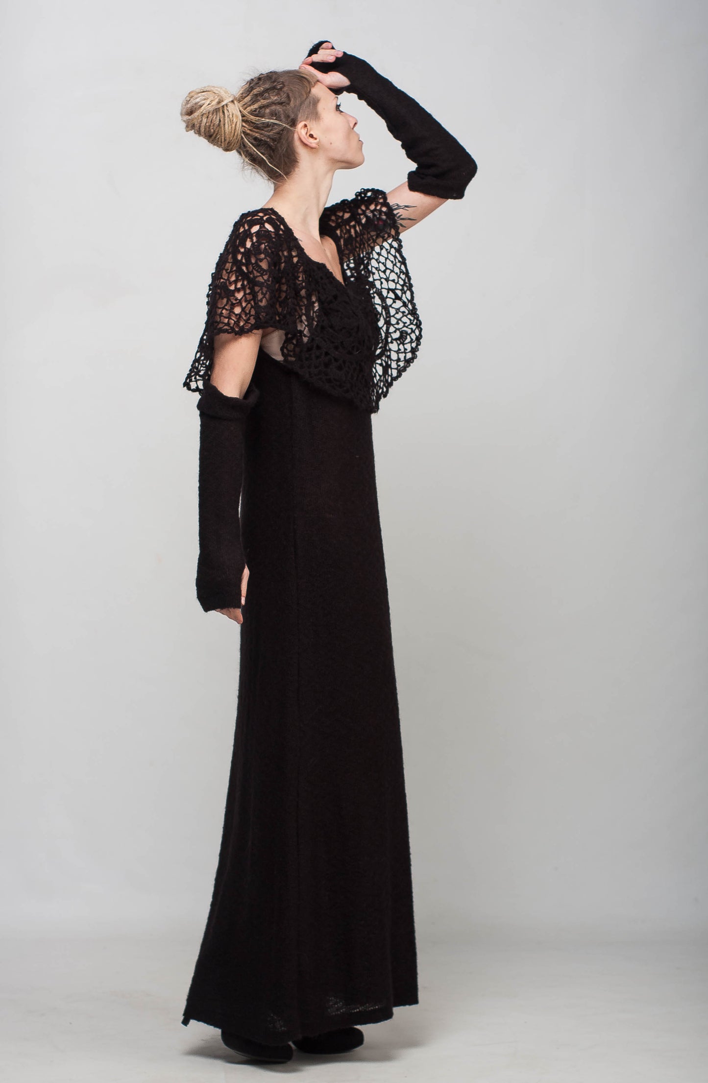 Black Crochet Maxi Dress Off Shoulder – Lace Mohair Evening Dress with Removable Long Sleeves