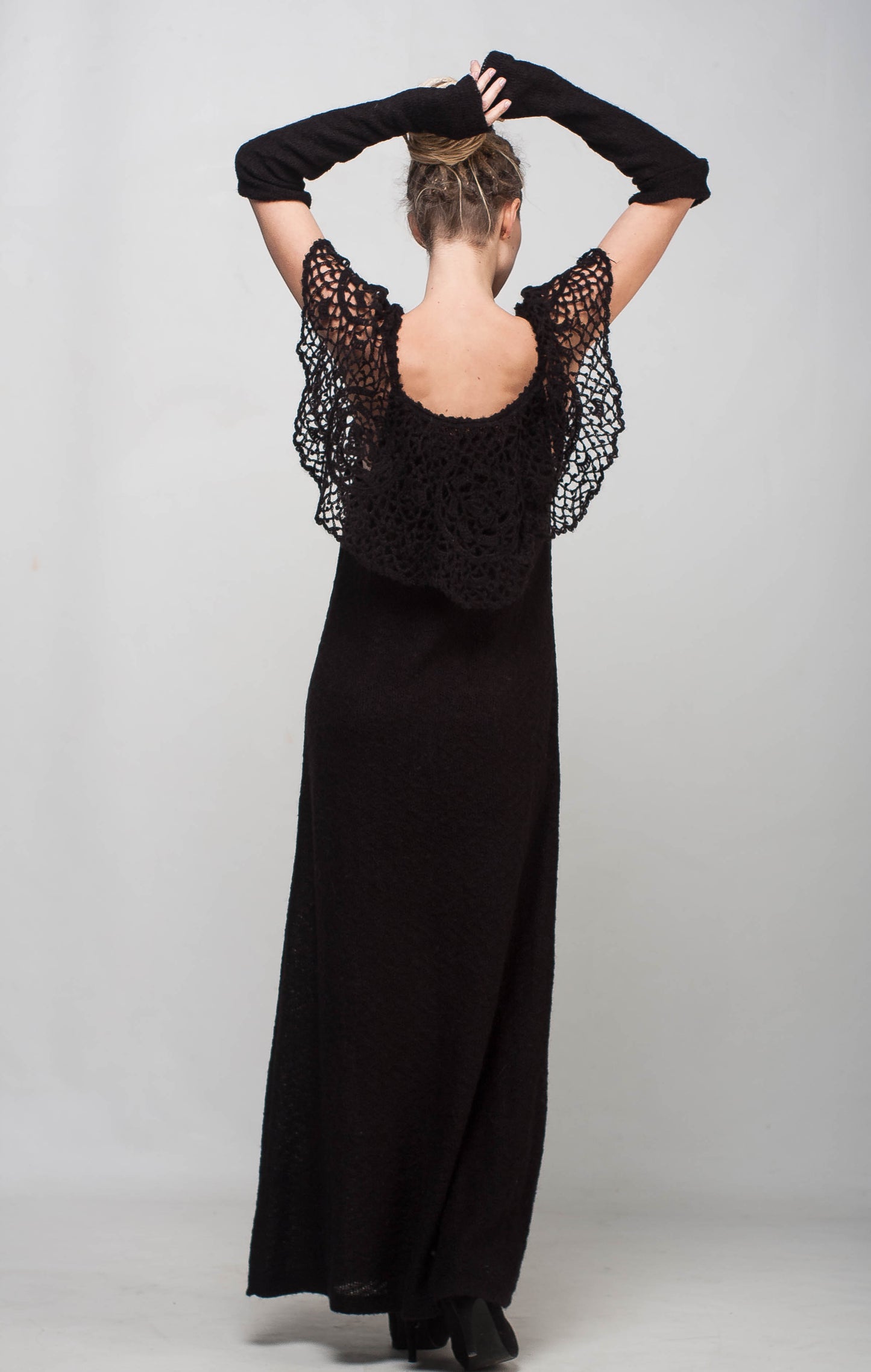 Black Crochet Maxi Dress Off Shoulder – Lace Mohair Evening Dress with Removable Long Sleeves
