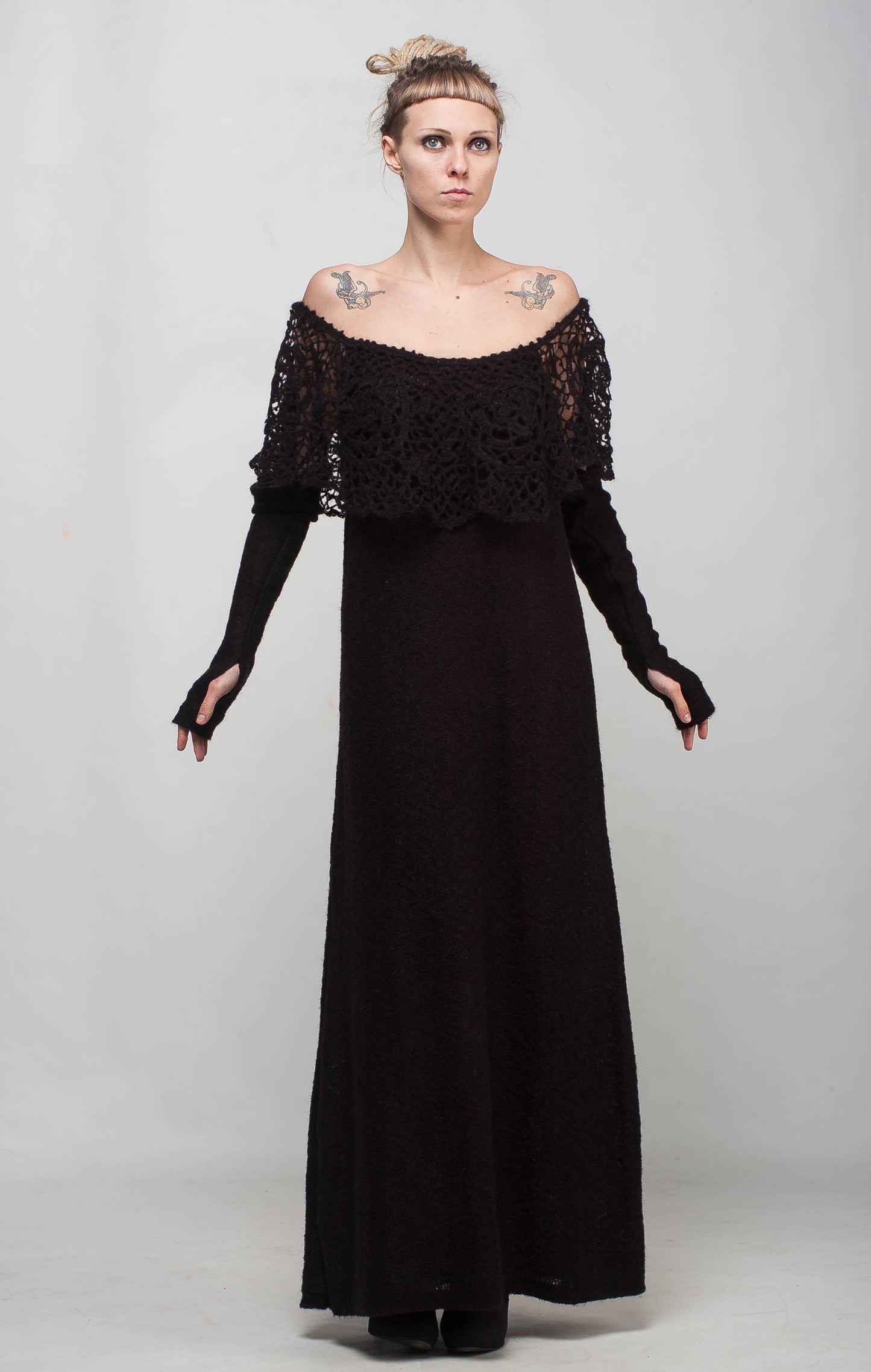 Black Crochet Maxi Dress Off Shoulder – Lace Mohair Evening Dress with Removable Long Sleeves