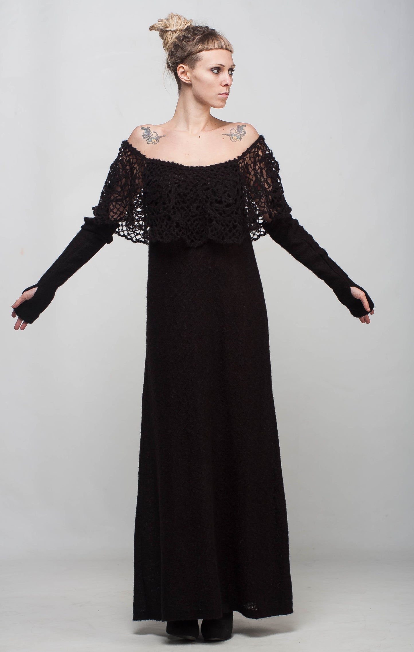 Black Crochet Maxi Dress Off Shoulder – Lace Mohair Evening Dress with Removable Long Sleeves