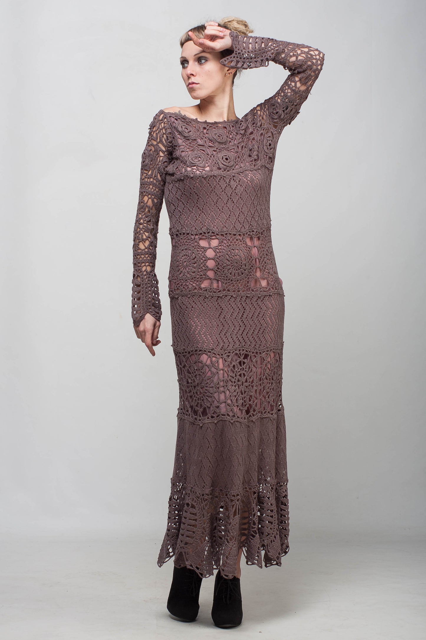 Crochet Maxi Lace Dress with Long Sleeves – Mocha Viscose Floor Length Handmade Dress