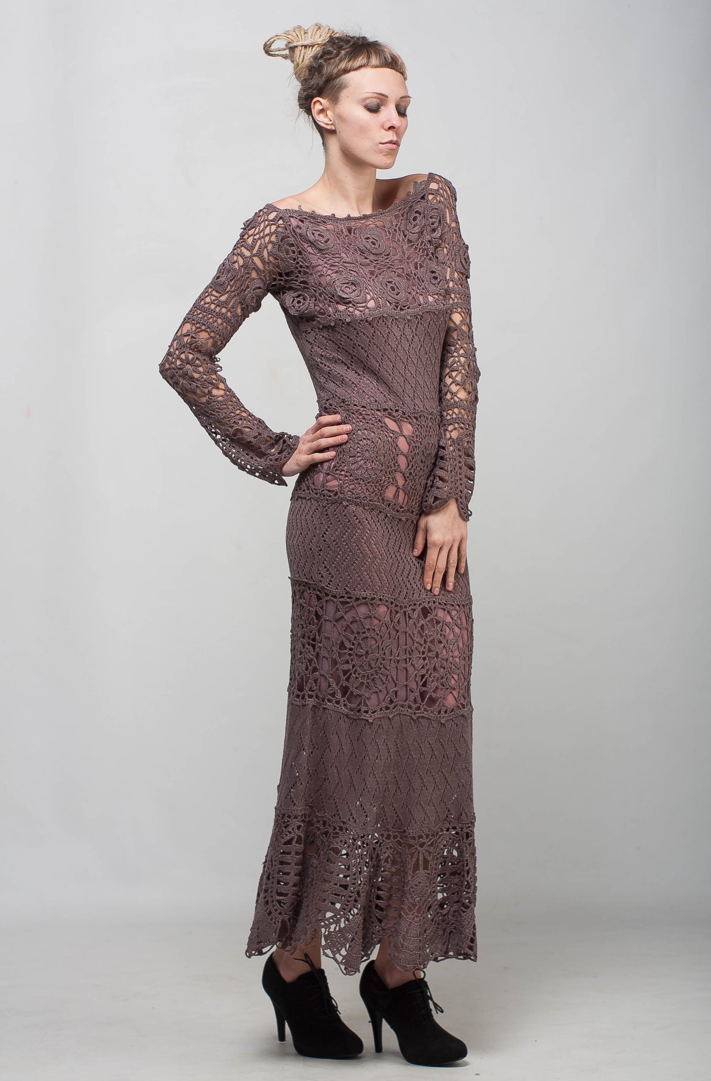 Crochet Maxi Lace Dress with Long Sleeves – Mocha Viscose Floor Length Handmade Dress