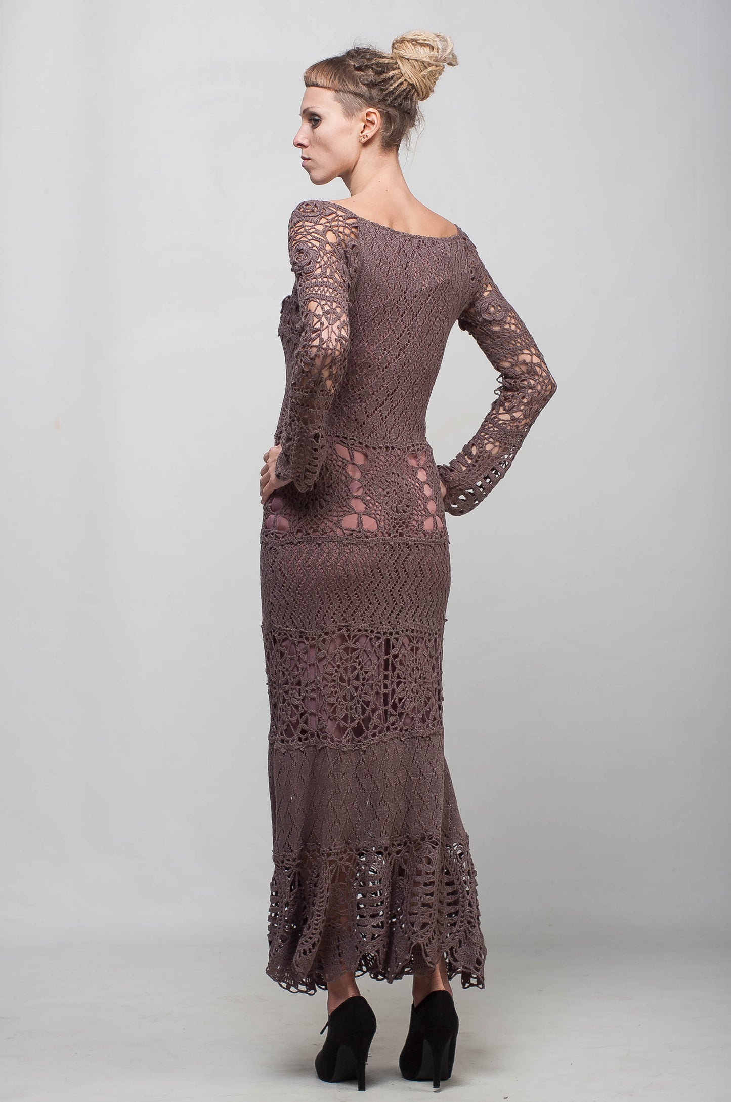 Crochet Maxi Lace Dress with Long Sleeves – Mocha Viscose Floor Length Handmade Dress