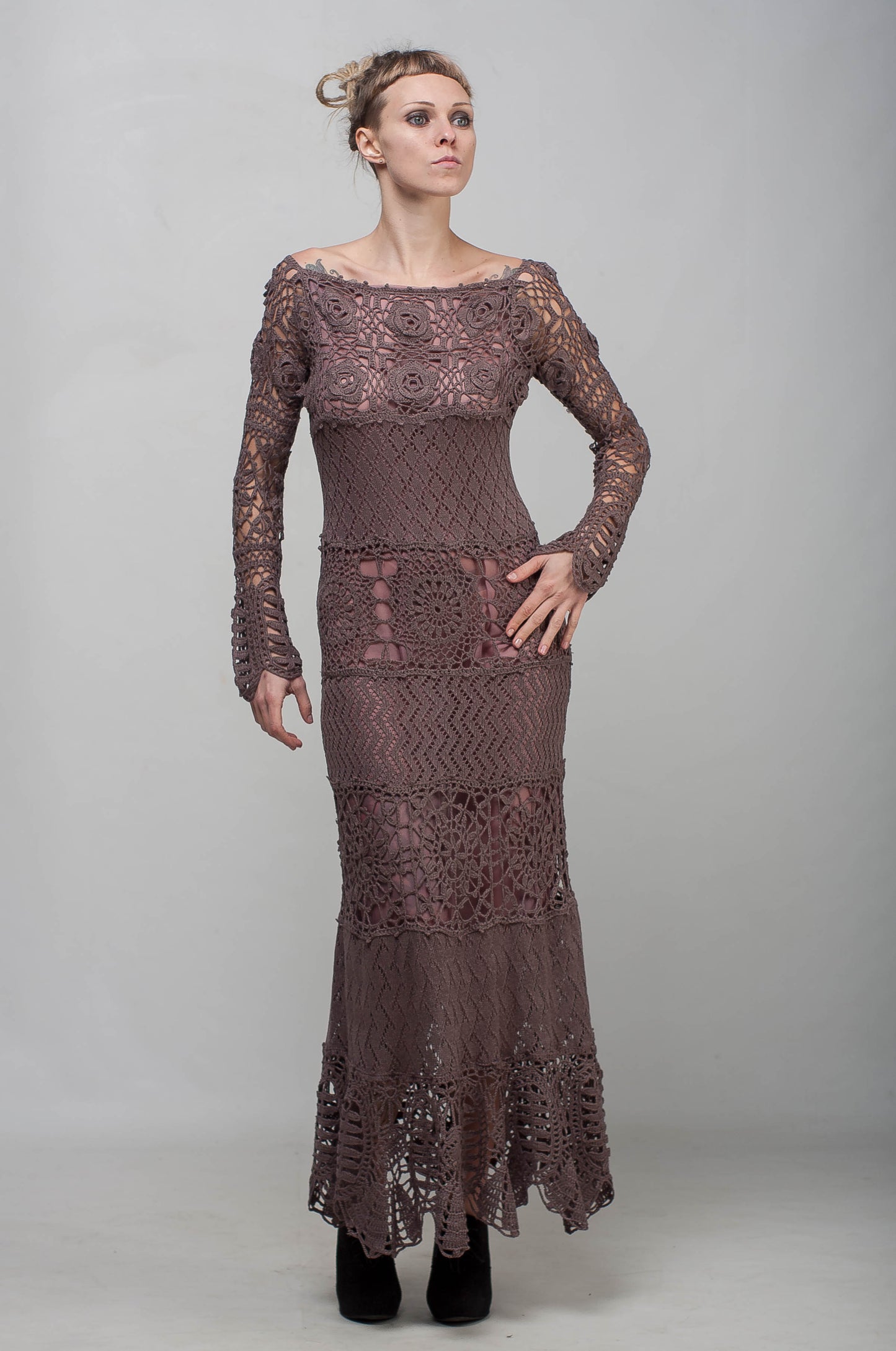 Crochet Maxi Lace Dress with Long Sleeves – Mocha Viscose Floor Length Handmade Dress