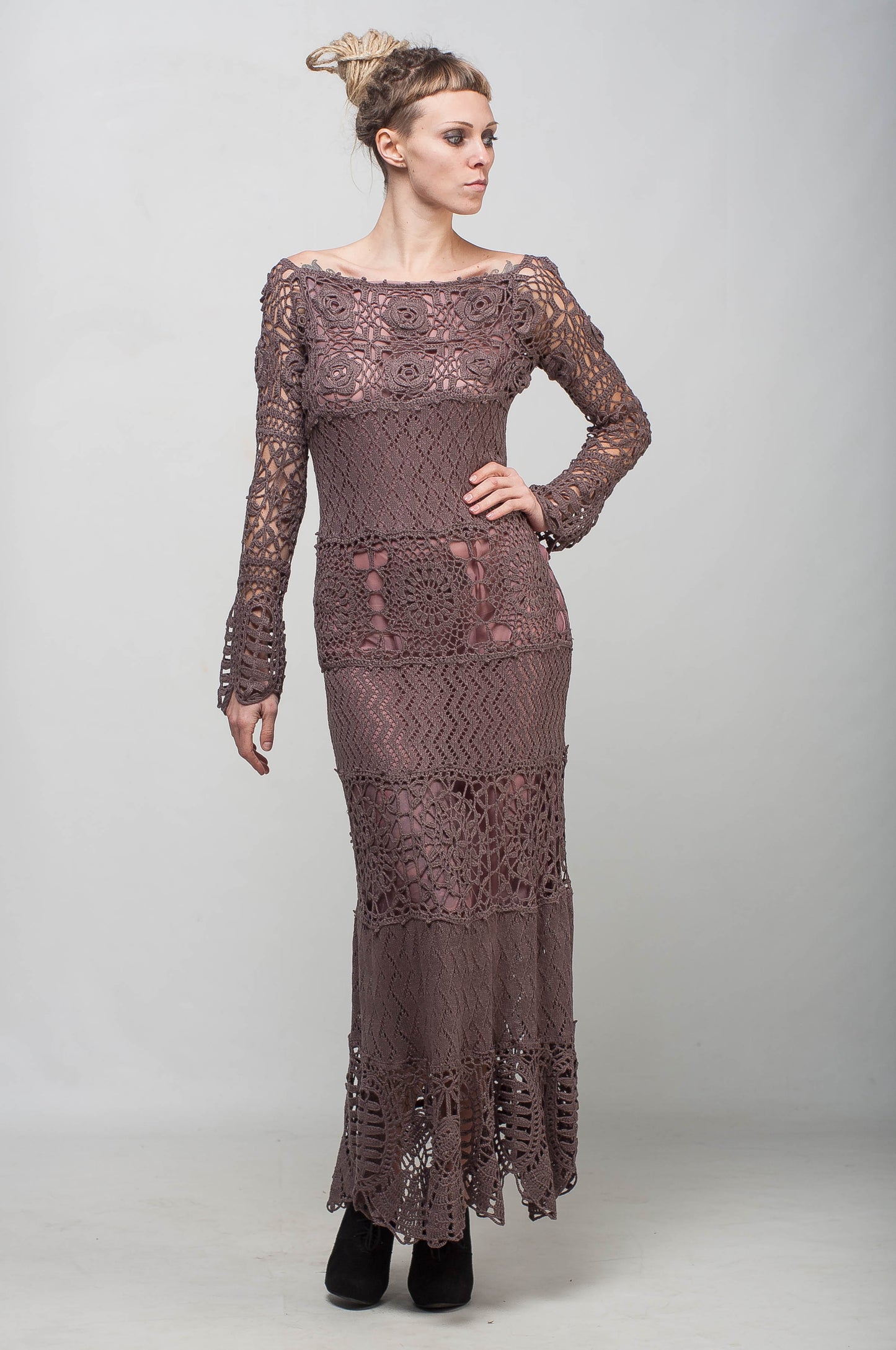 Crochet Maxi Lace Dress with Long Sleeves – Mocha Viscose Floor Length Handmade Dress