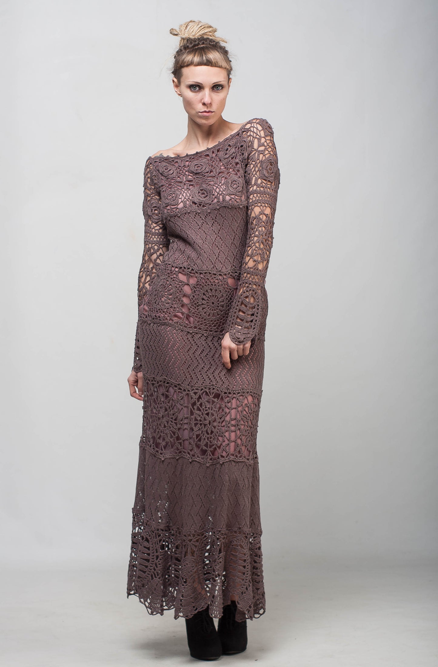 Crochet Maxi Lace Dress with Long Sleeves – Mocha Viscose Floor Length Handmade Dress