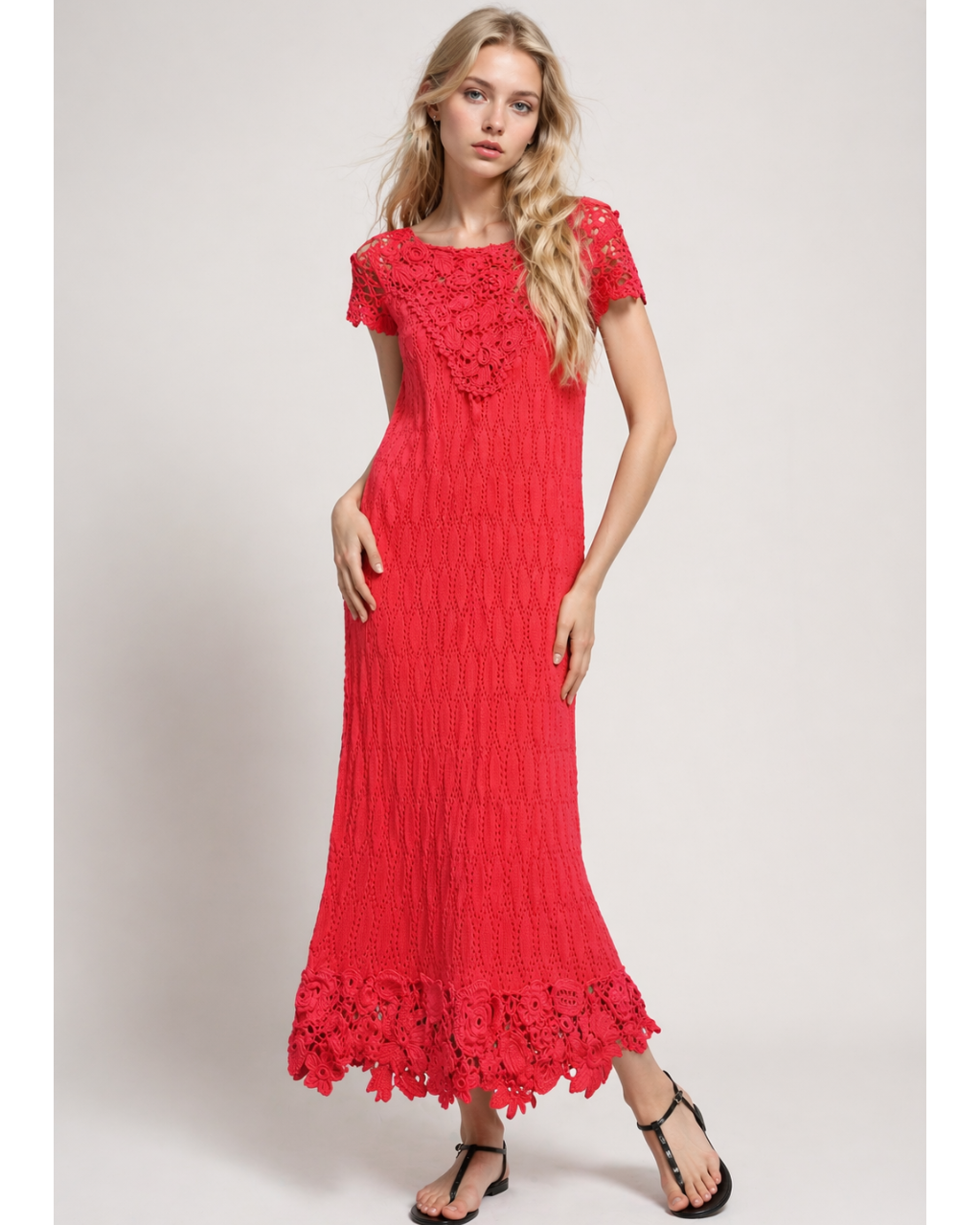 Woman wearing a red CROCHET IRISH LACE MAXI dress 