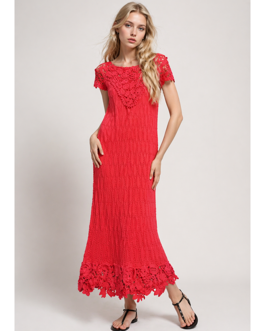 Woman wearing a red CROCHET IRISH LACE MAXI dress 
