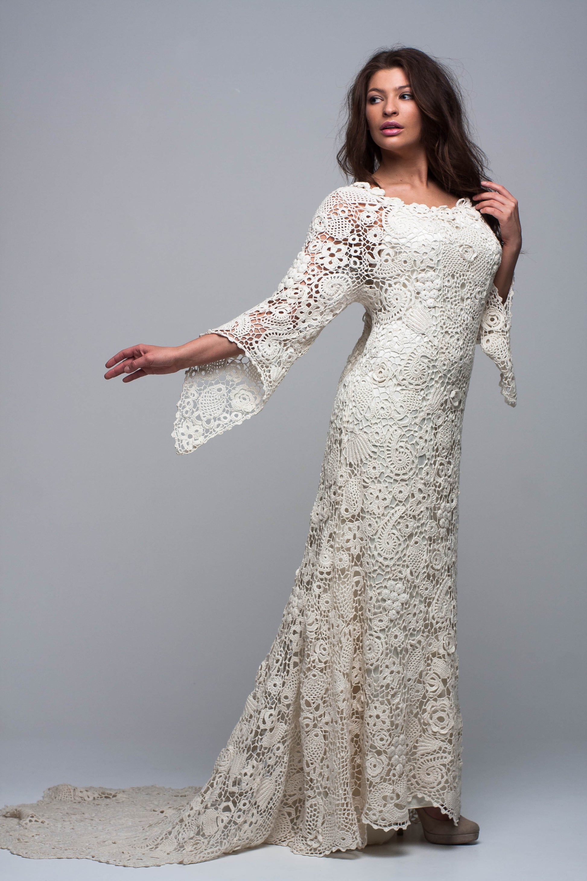 Romantic handmade crochet wedding dress ivory