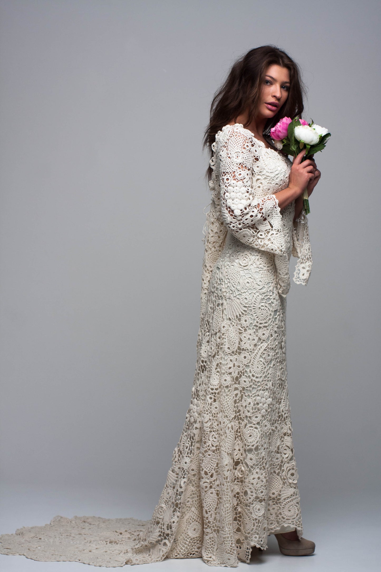Boho wedding ivory lace maxi dress handmade