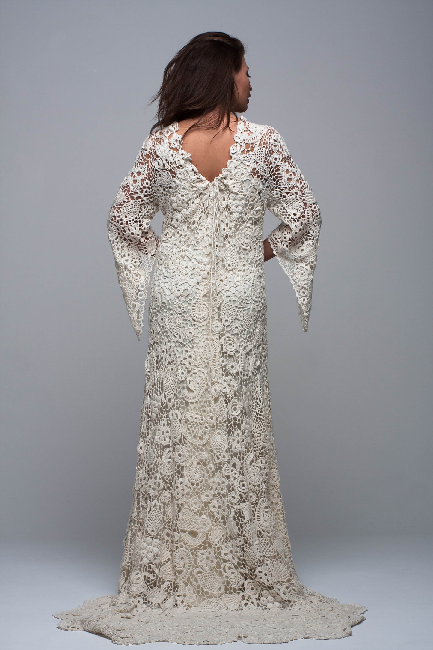 Boho wedding ivory lace maxi dress handmade back view