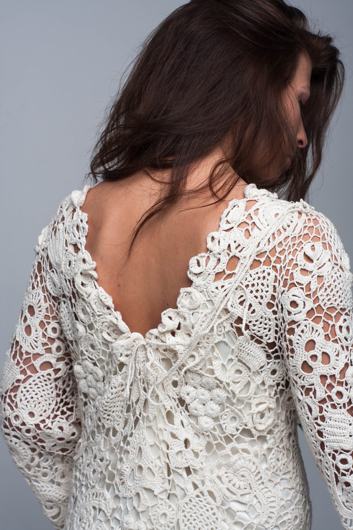 Ivory Irish lace crochet back detail wedding maxi dress