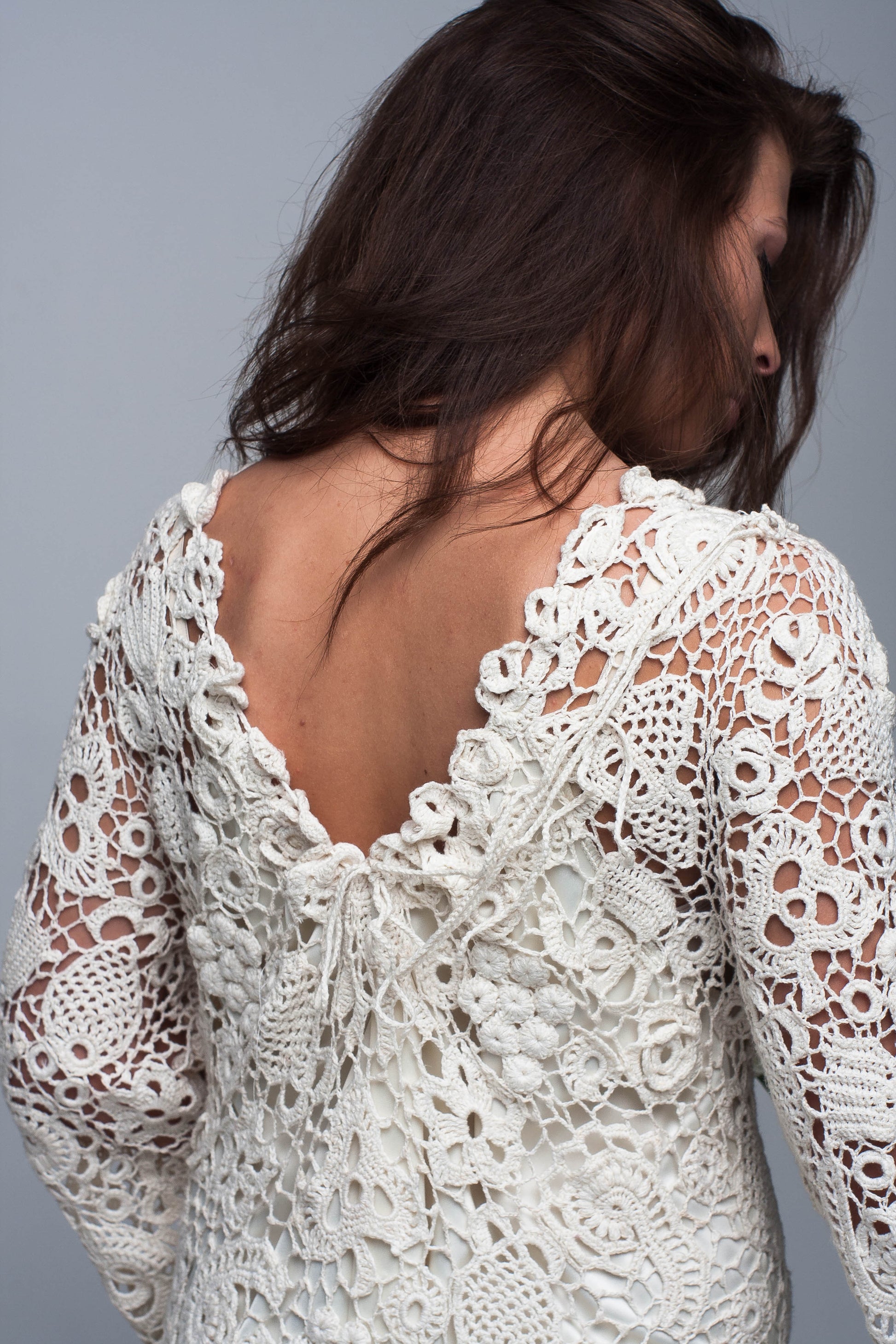 Ivory Irish lace crochet back detail wedding maxi dress