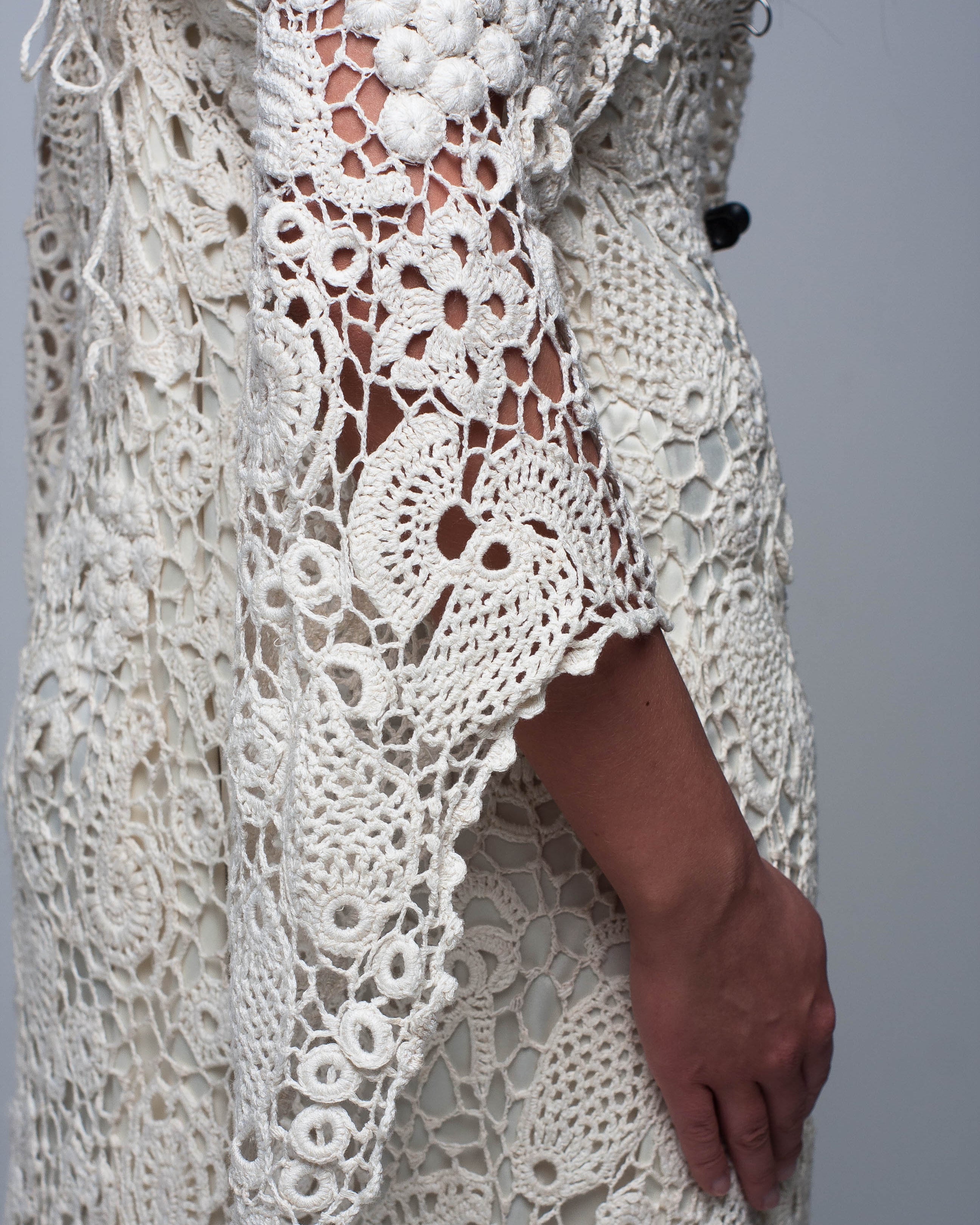 Irish lace crochet sleeve detail on handmade ivory wedding dress